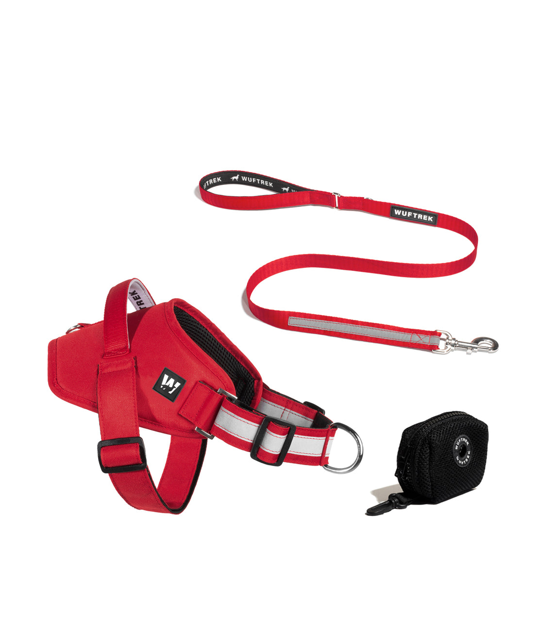 Combo de arnés para perros, correa y porta bolsas color rojo