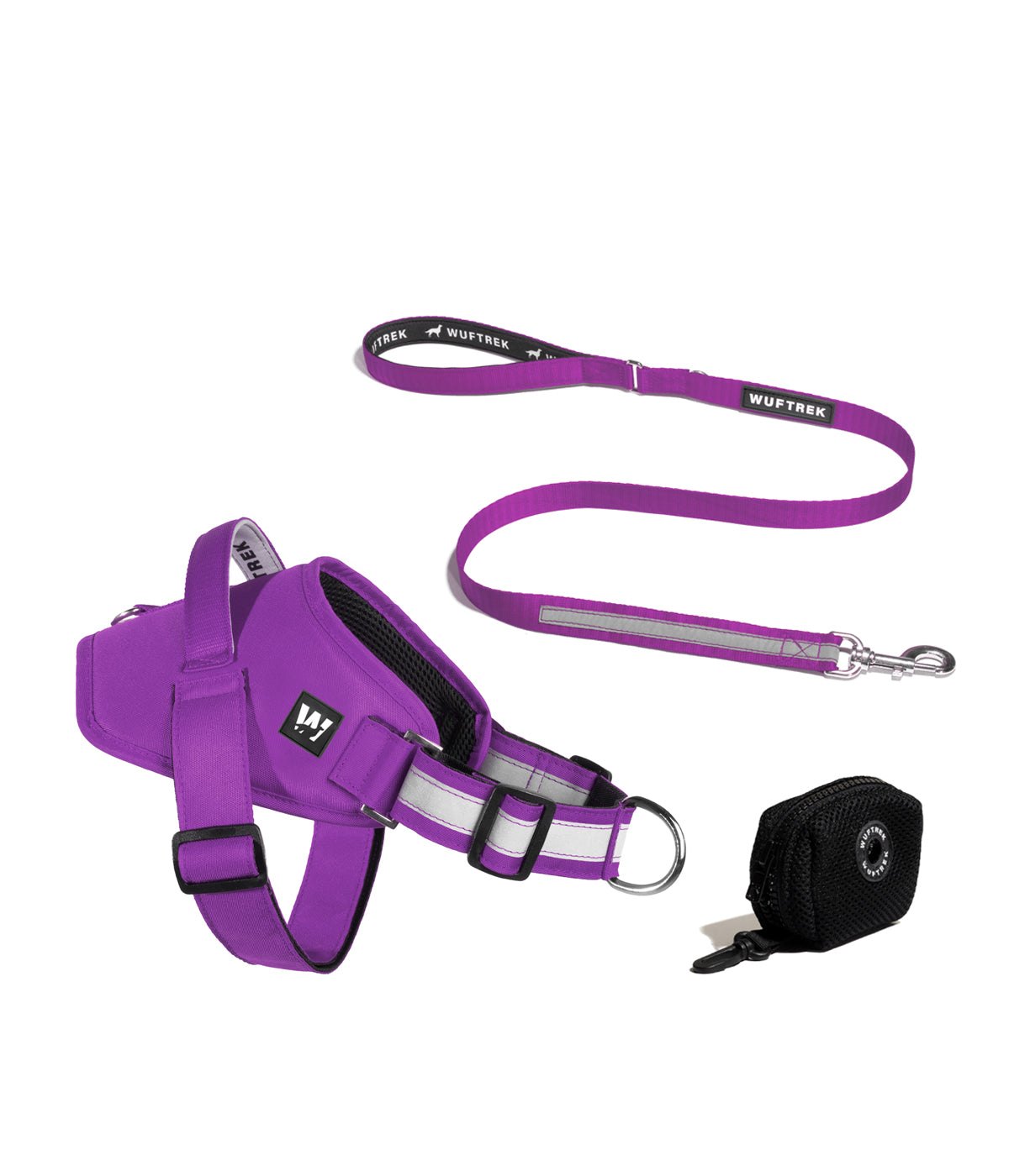 Combo de arnés para perros, correa y porta bolsas color violeta