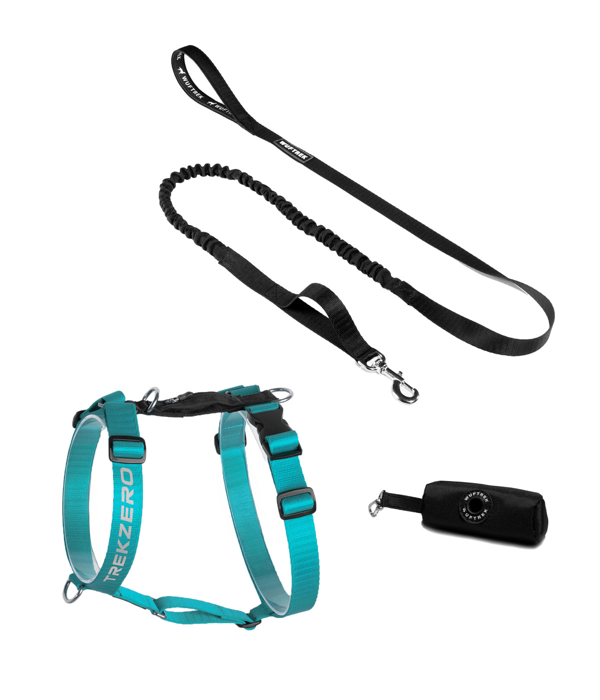 Dog set with blue TrekZero H-Series harness, black TrekShock leash, and black waste bag holder