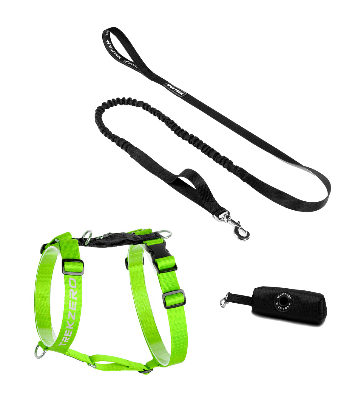Dog set with neon green TrekZero H-Series harness, black TrekShock leash, and black waste bag holder