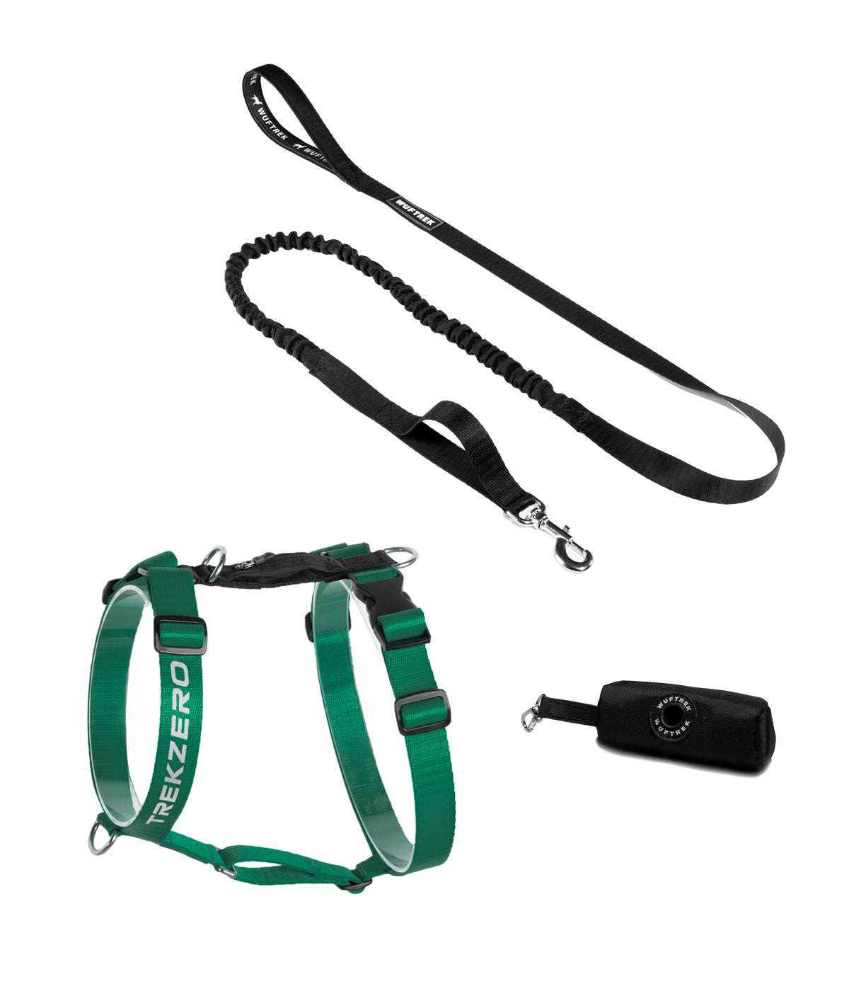 TrekZero H-Series Evergreen harness, TrekShock leash and TrekBag waste bag holder combo
