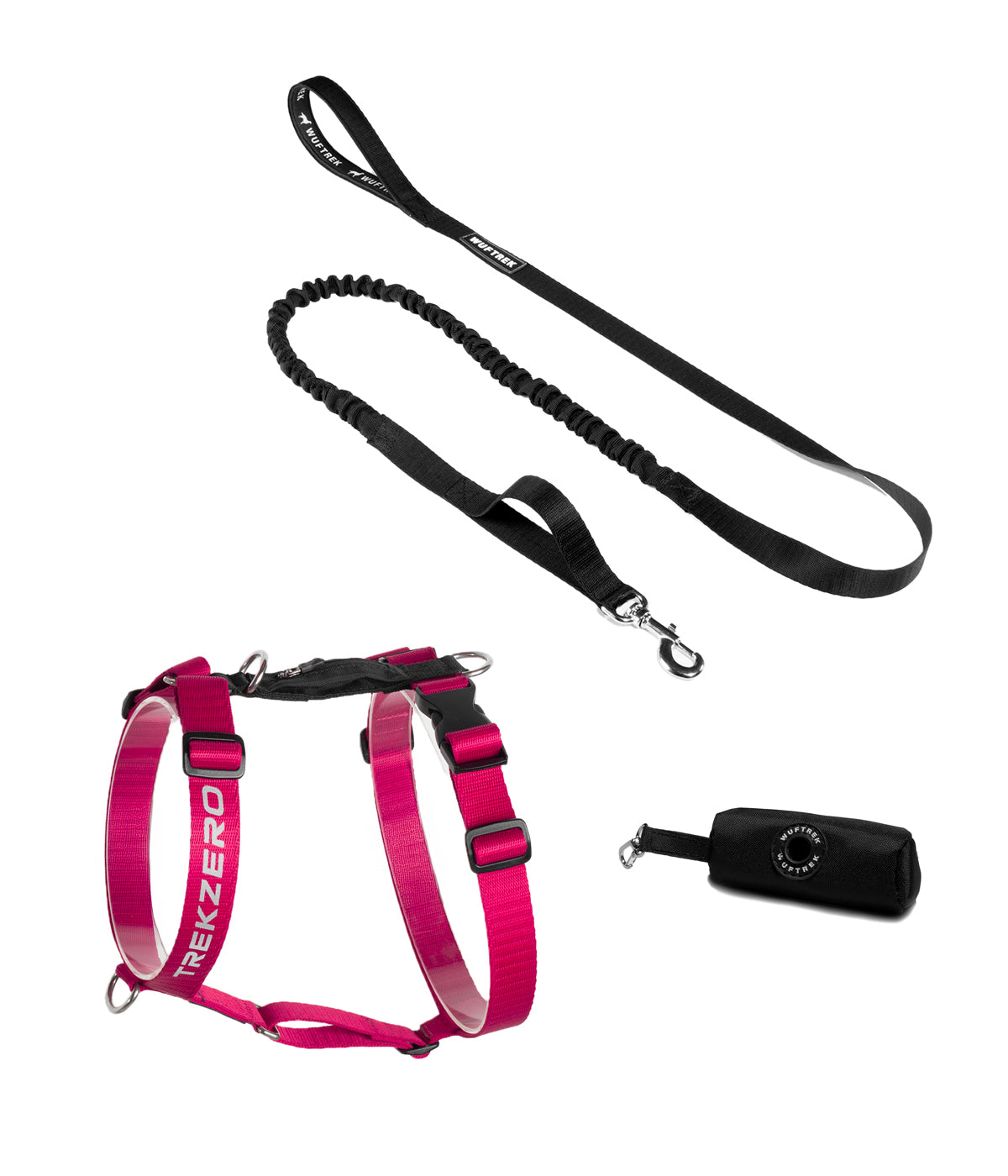 Dog set with fuchsia TrekZero H-Series harness, black TrekShock leash, and black waste bag holder