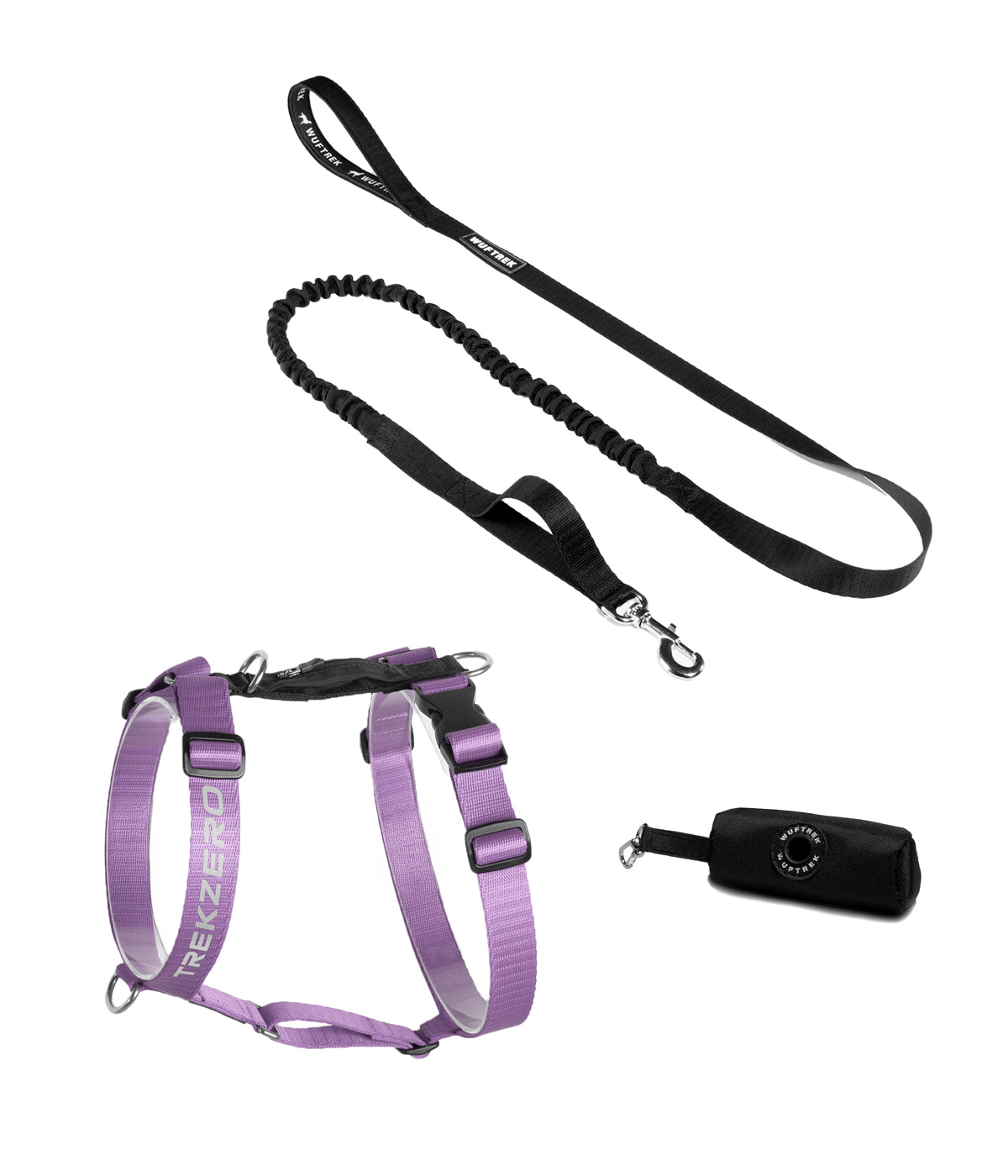 Dog set with lilac TrekZero H-Series harness, black TrekShock leash, and black waste bag holder