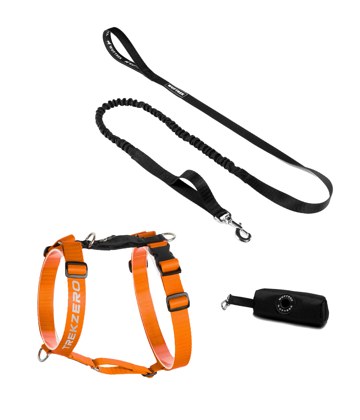 Dog set with orange TrekZero H-Series harness, black TrekShock leash, and black waste bag holder