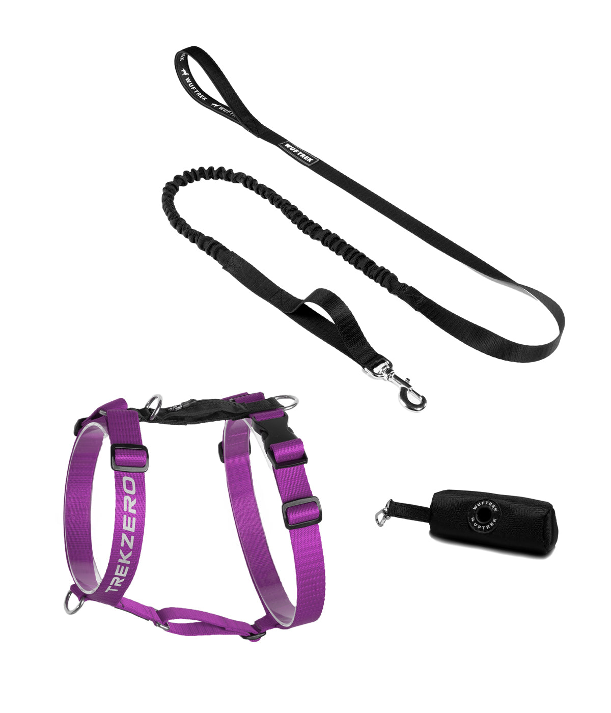 Dog set with violet TrekZero H-Series harness, black TrekShock leash, and black waste bag holder
