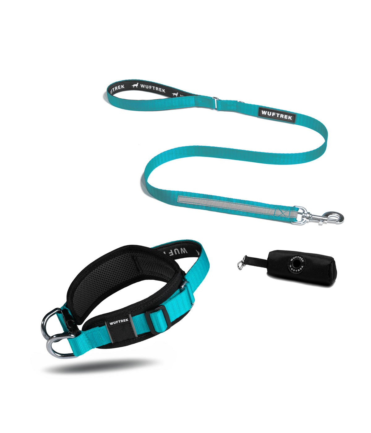 Dog set with wide black-and-Aqua collar, Aqua leash with neoprene handle, and black waste bag holder