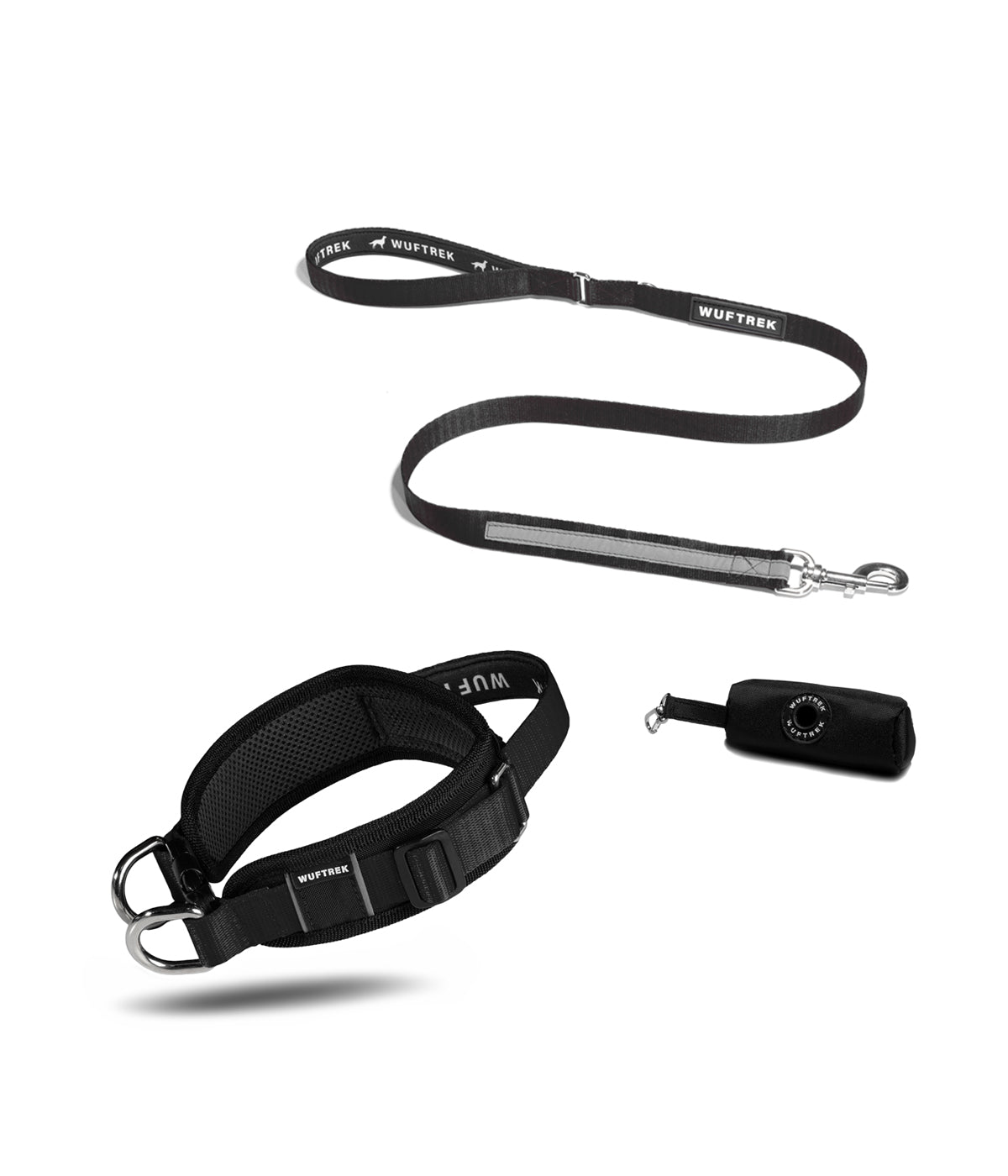 Dog set with wide black collar, black leash with neoprene handle, and black waste bag holder