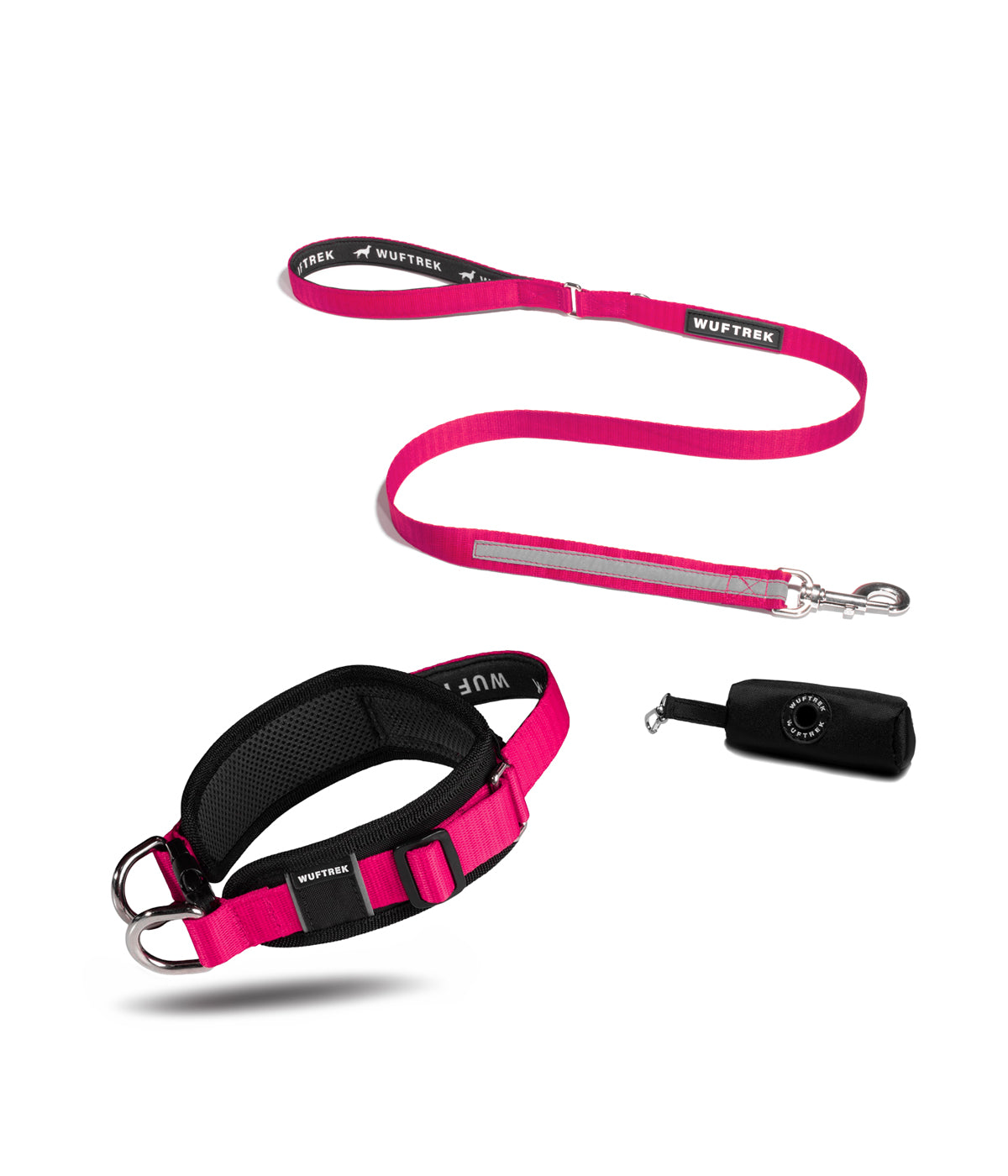 Dog set with wide black-and-fuchsia collar, fuchsia leash with neoprene handle, and black waste bag holder