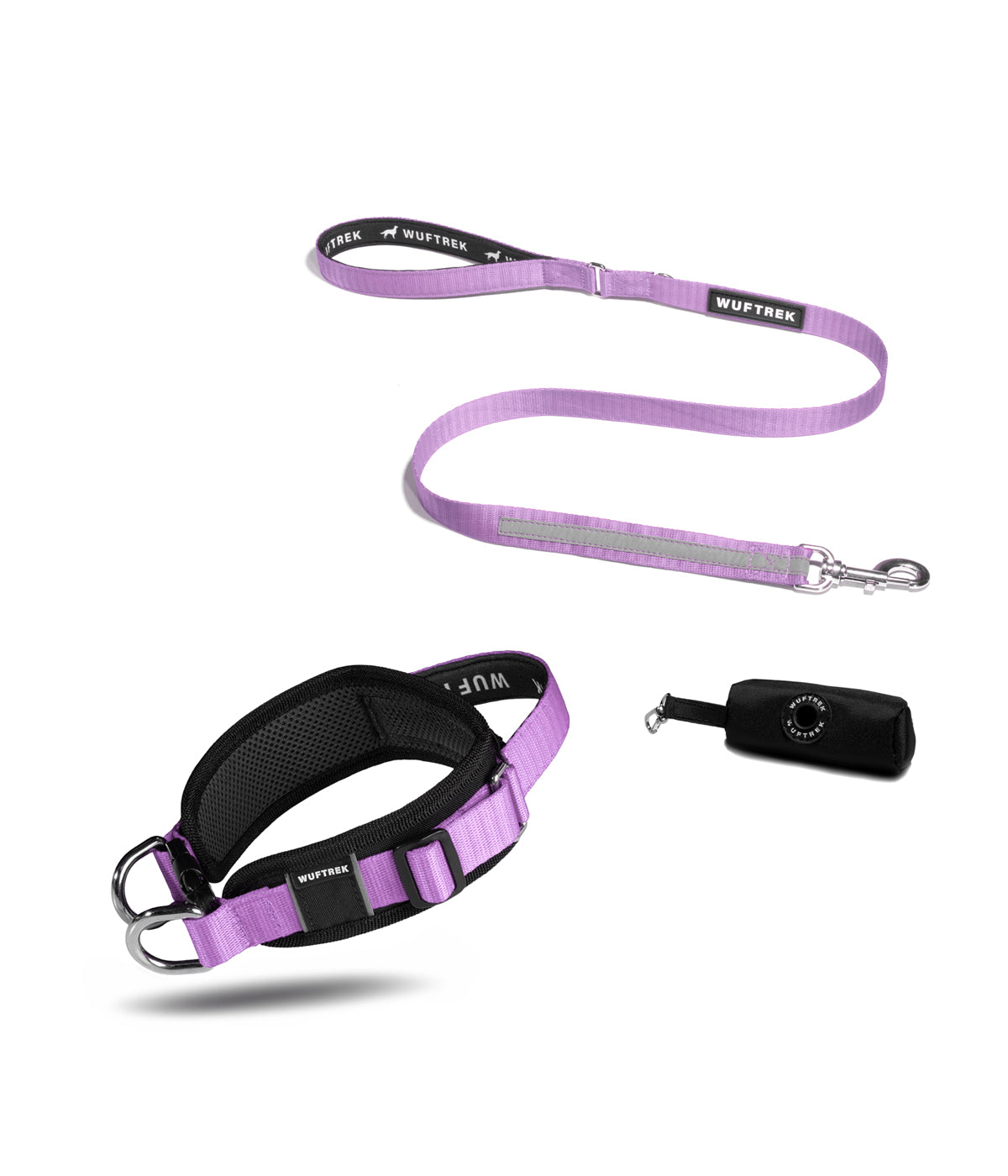 Dog set with wide black-and-lilac collar, lilac leash with neoprene handle, and black waste bag holder