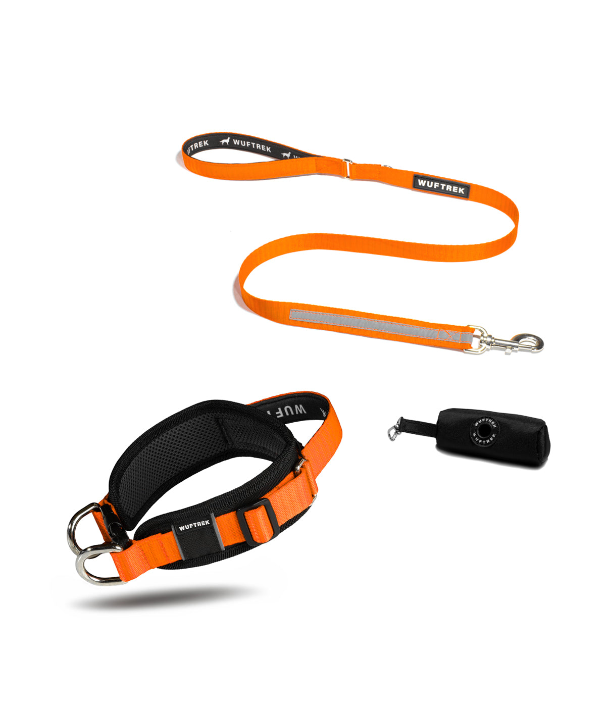 Dog set with wide black-and-orange collar, orange leash with neoprene handle, and black waste bag holder