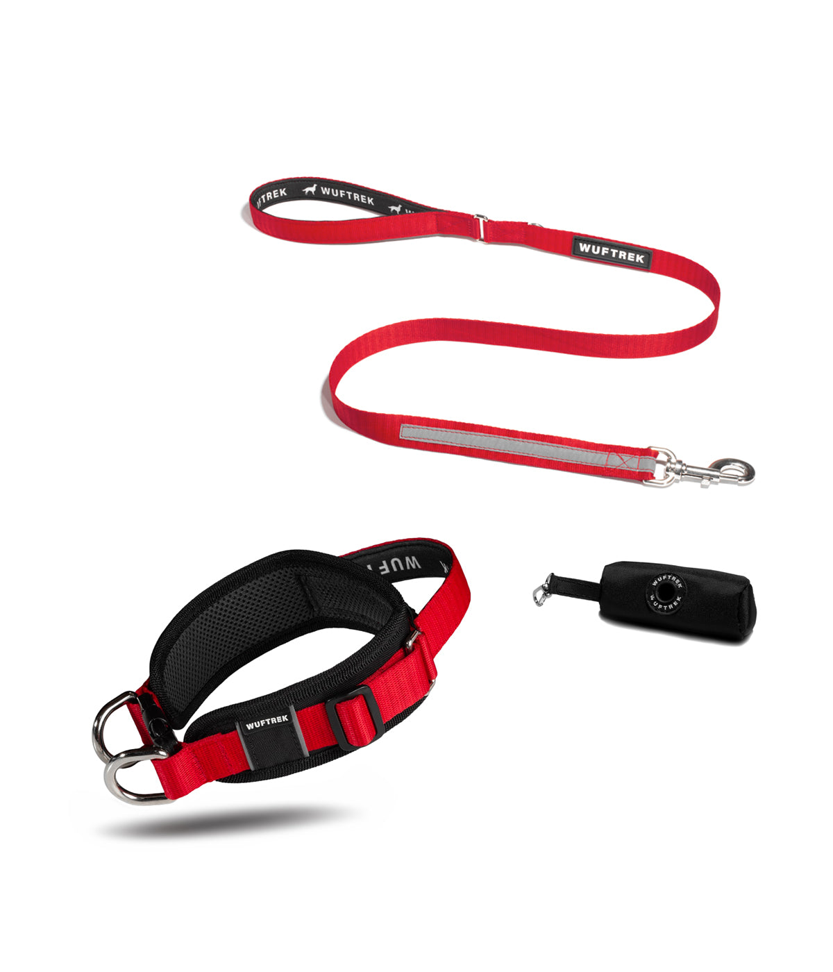 Dog set with wide black-and-red collar, red leash with neoprene handle, and black waste bag holder