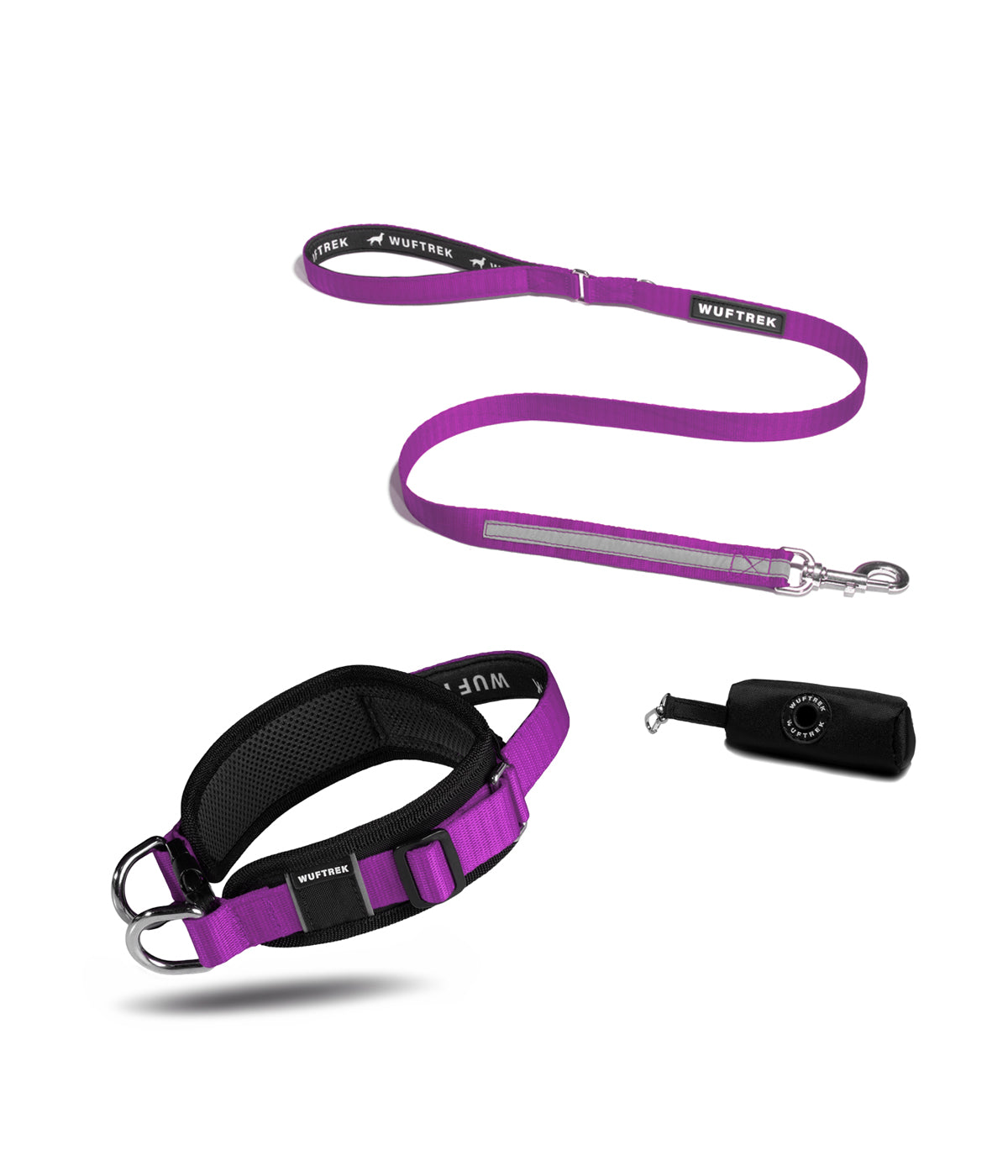 Dog set with wide black-and-violet collar, violet leash with neoprene handle, and black waste bag holder