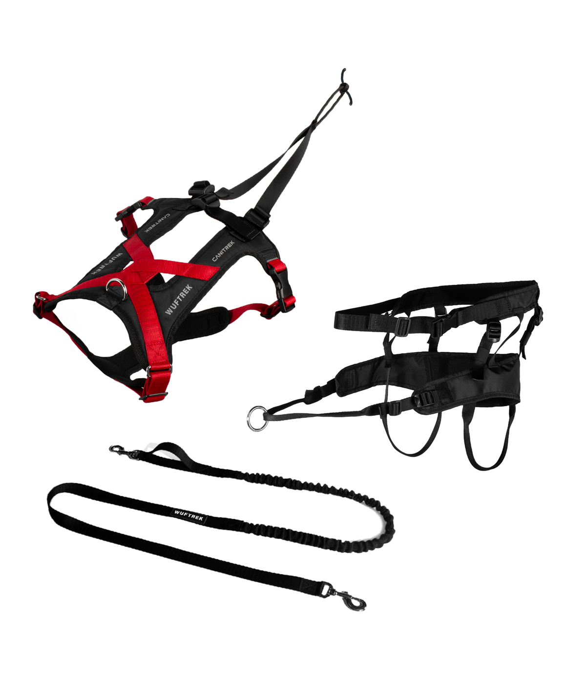 Una foto de un arnés para carreras de canicross en color rojo, un cinturon para humano para canicross, y una correa extensión 