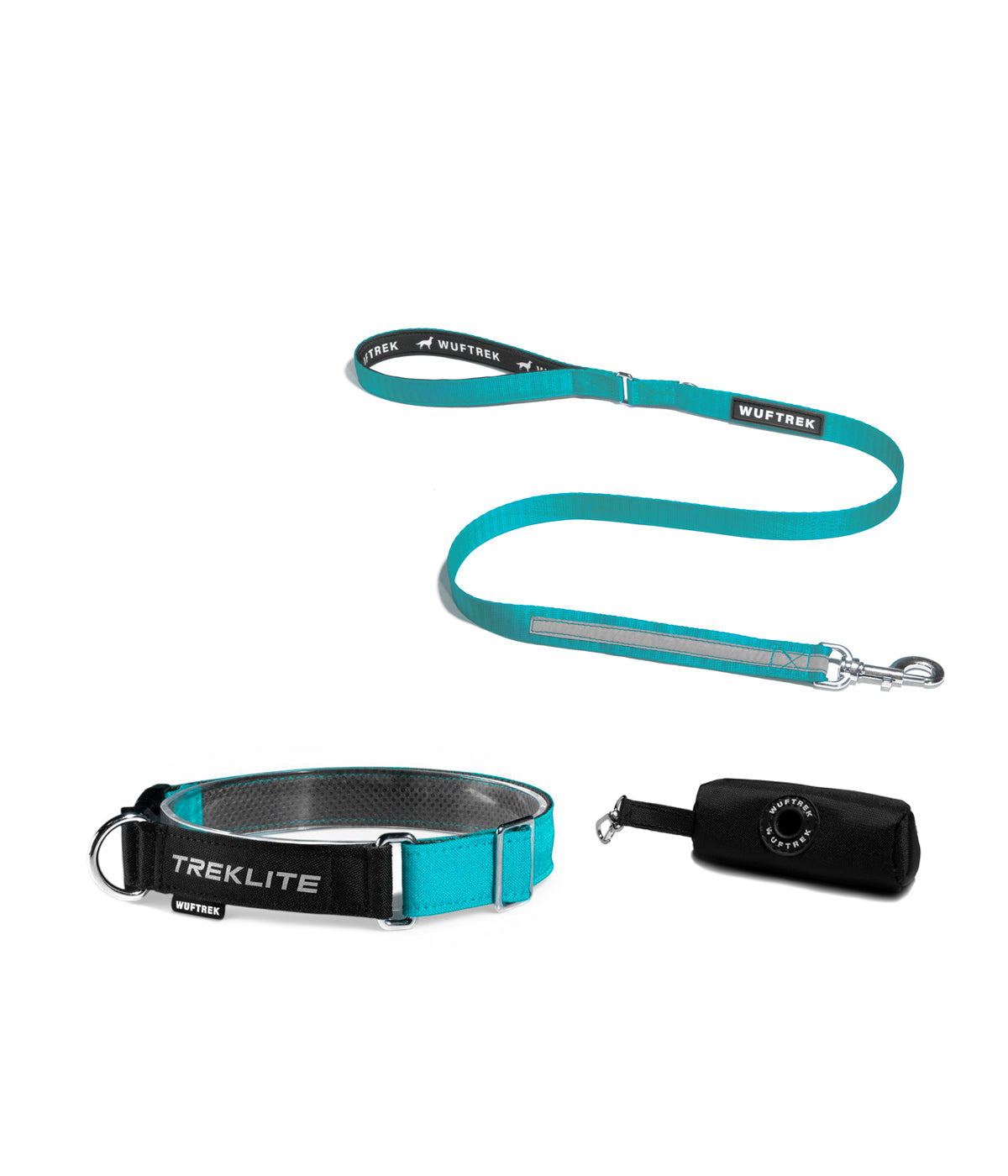 Aqua dog set with TrekLite collar, TrekPro leash, and TrekBag waste bag holder