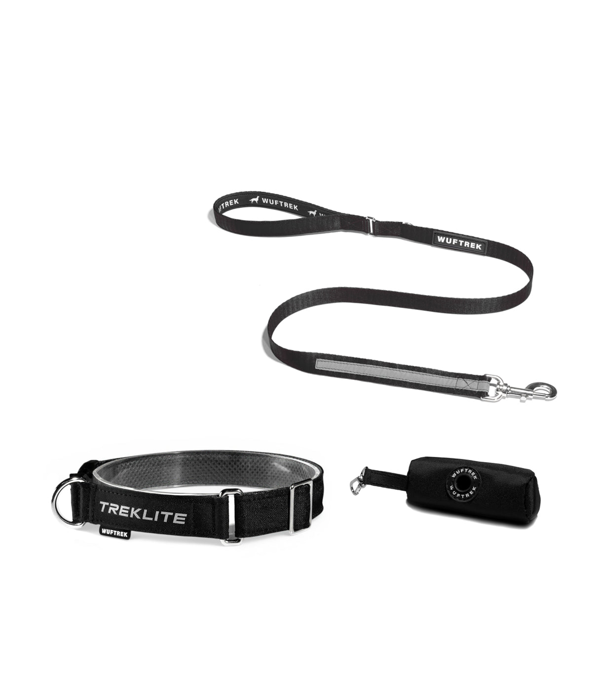 Black dog set with TrekLite collar, TrekPro leash, and TrekBag waste bag holder