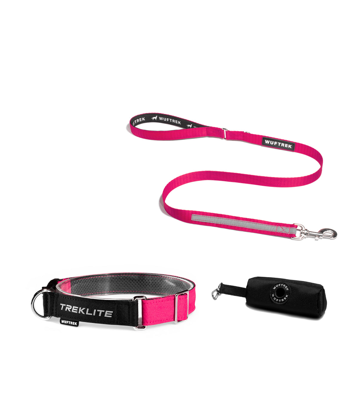 Fuchsia dog set with TrekLite collar, TrekPro leash, and TrekBag waste bag holder
