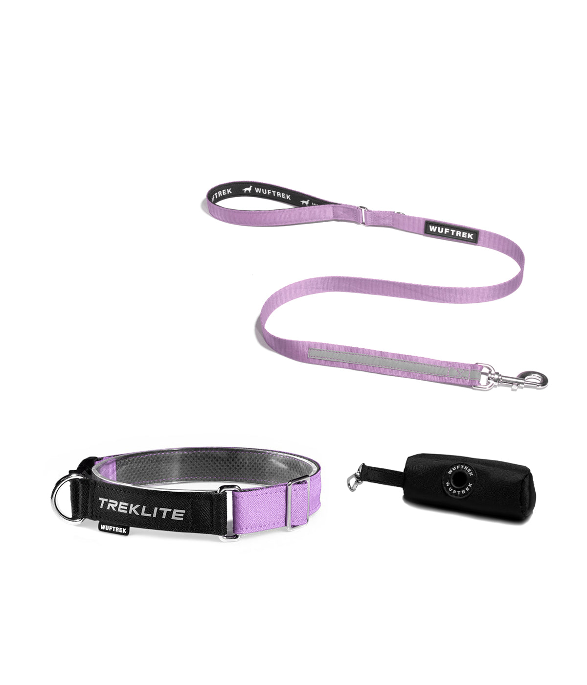 Lilac dog set with TrekLite collar, TrekPro leash, and TrekBag waste bag holder