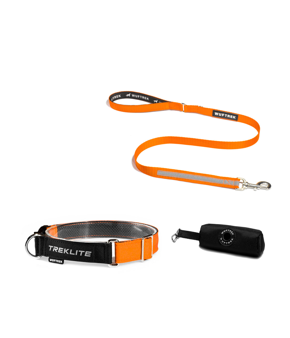 Summer orange dog set with TrekLite collar, TrekPro leash, and TrekBag waste bag holder
