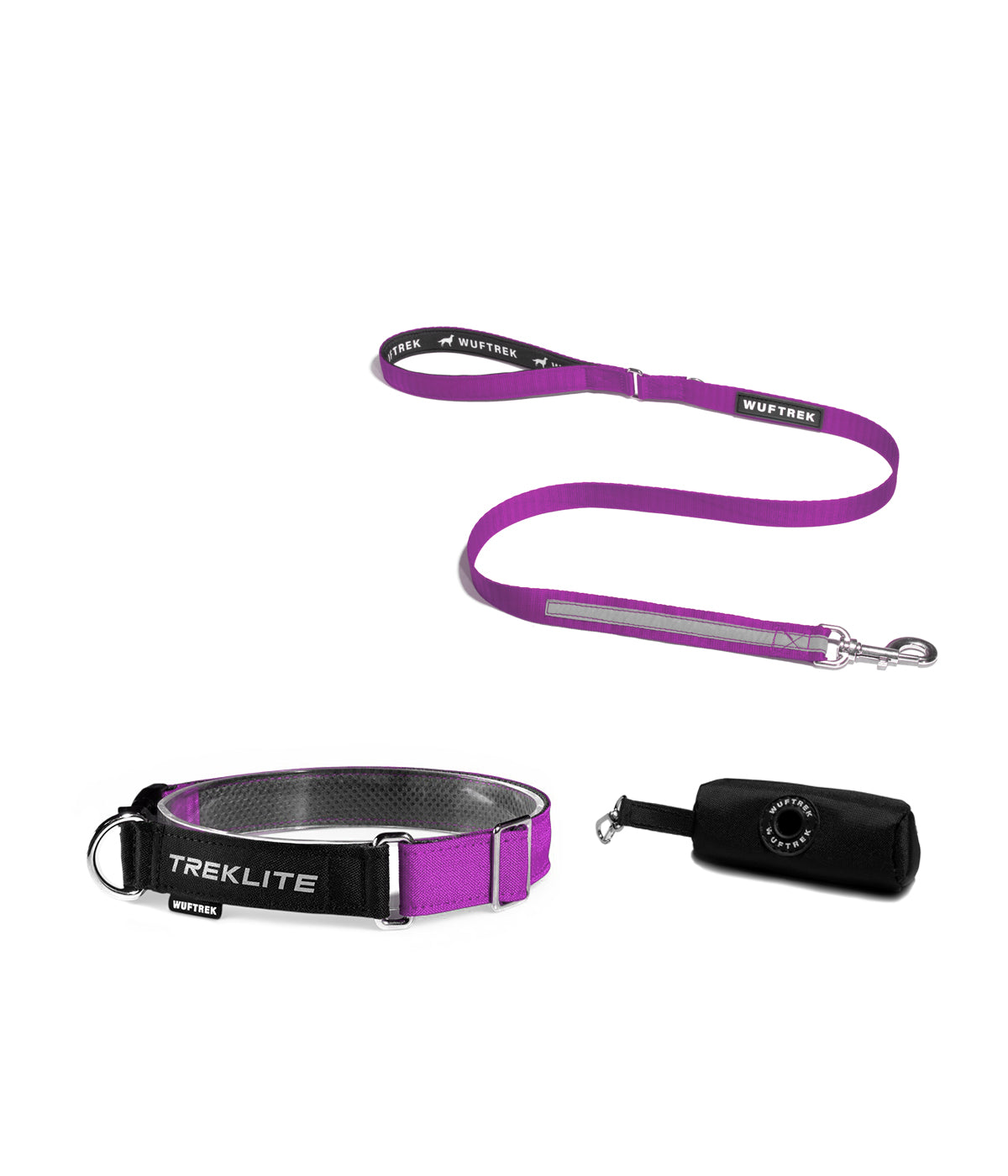 Violet dog set with TrekLite collar, TrekPro leash, and TrekBag waste bag holder