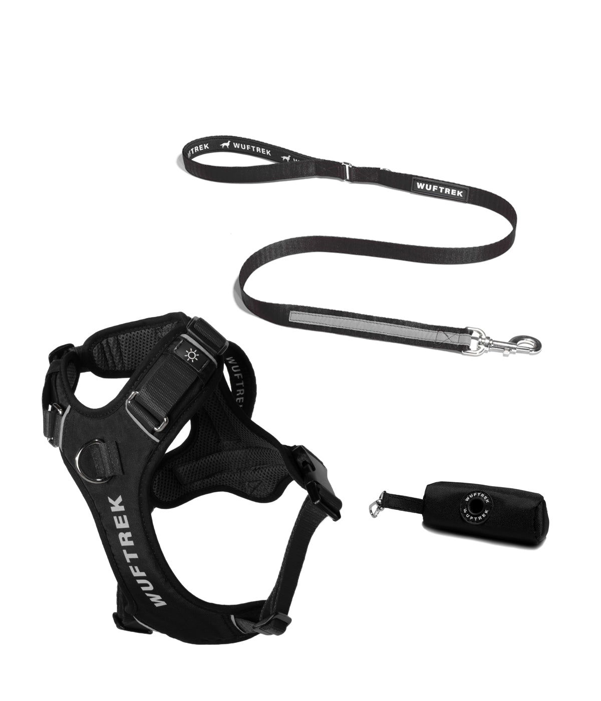 Dog accessory set with black AirTrek Pro harness, matching TrekPro leash, and black waste bag holder