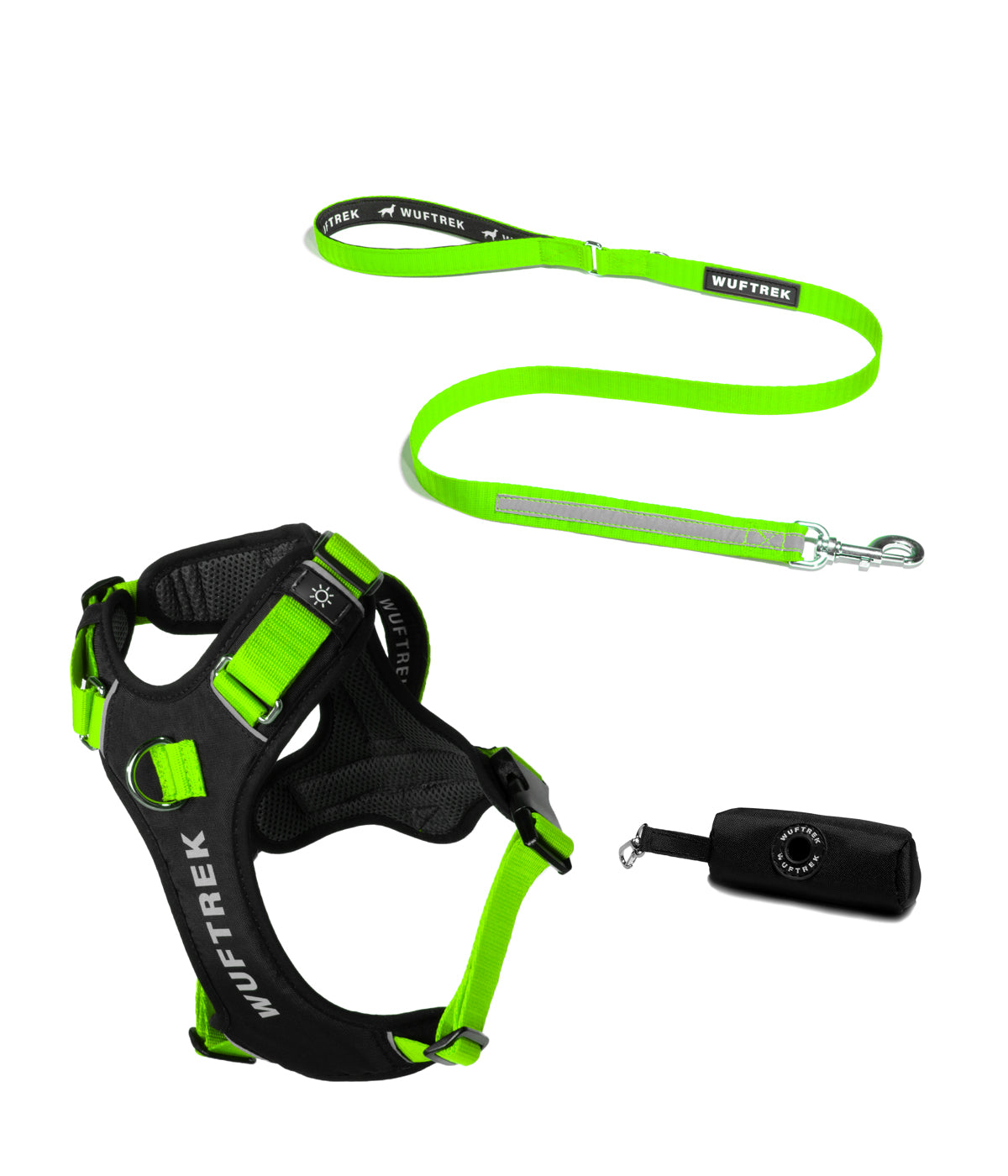 Dog accessory set with neon green AirTrek Pro harness, matching TrekPro leash, and black waste bag holder