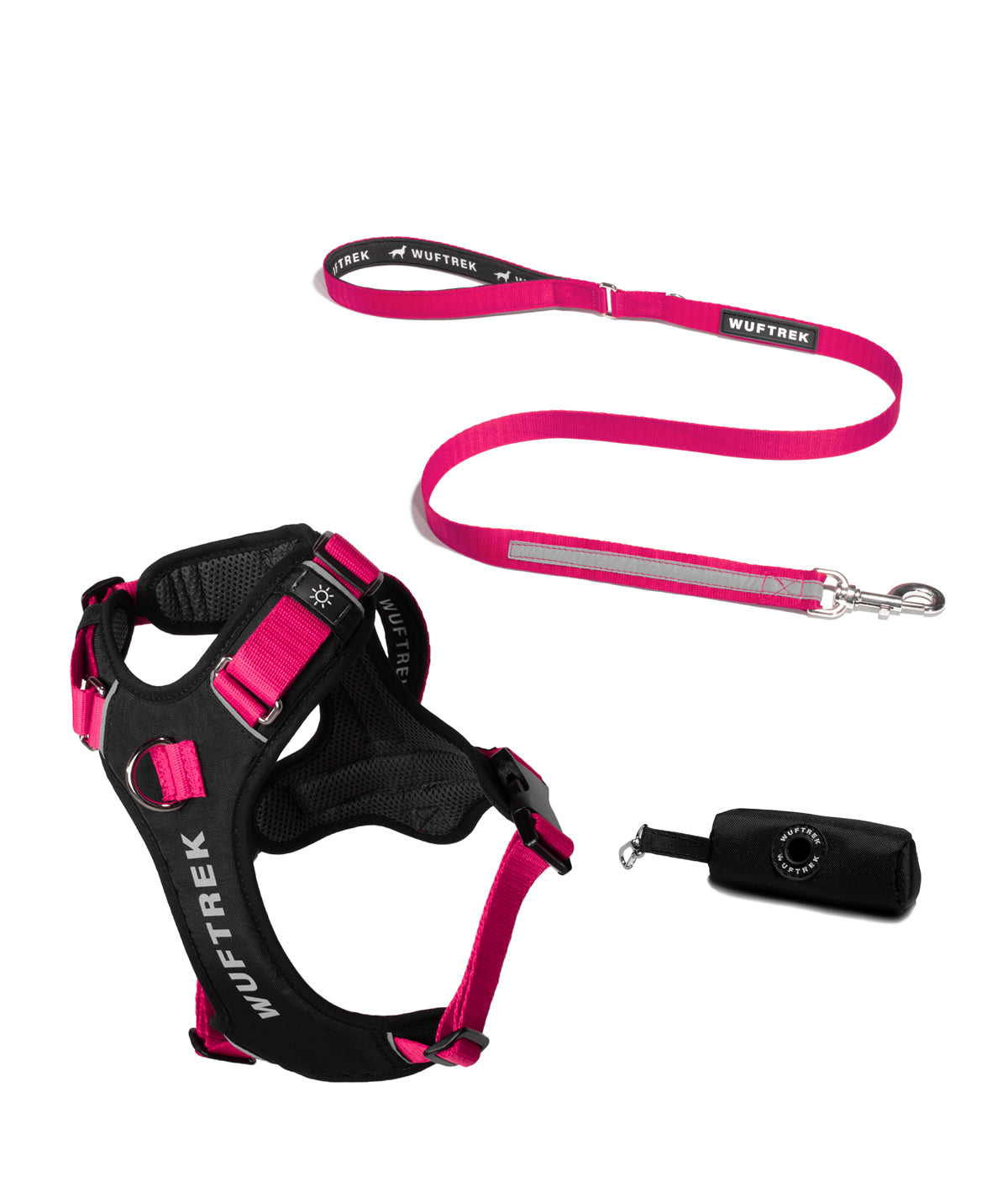 Dog accessory set with fuchsia AirTrek Pro harness, matching TrekPro leash, and black waste bag holder