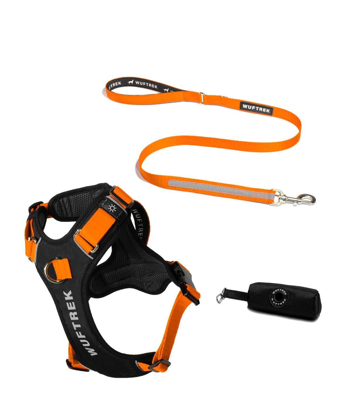 Dog accessory set with orange AirTrek Pro harness, matching TrekPro leash, and black waste bag holder