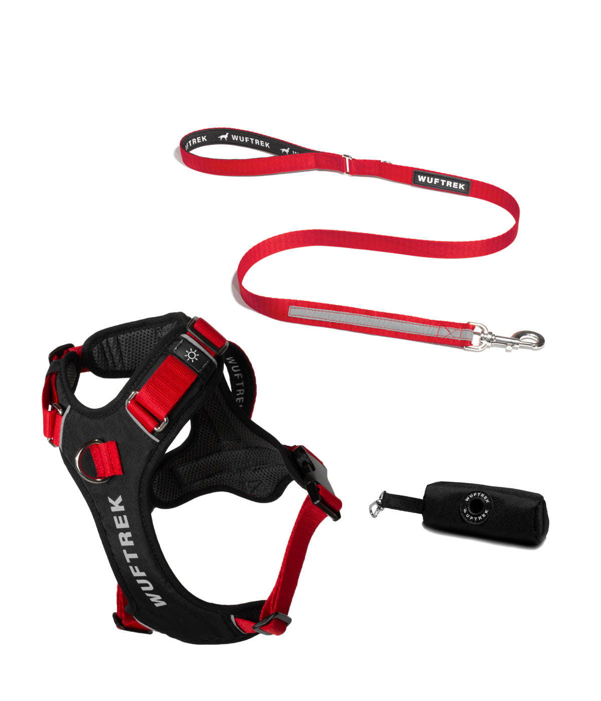 Dog accessory set with red AirTrek Pro harness, matching TrekPro leash, and black waste bag holder