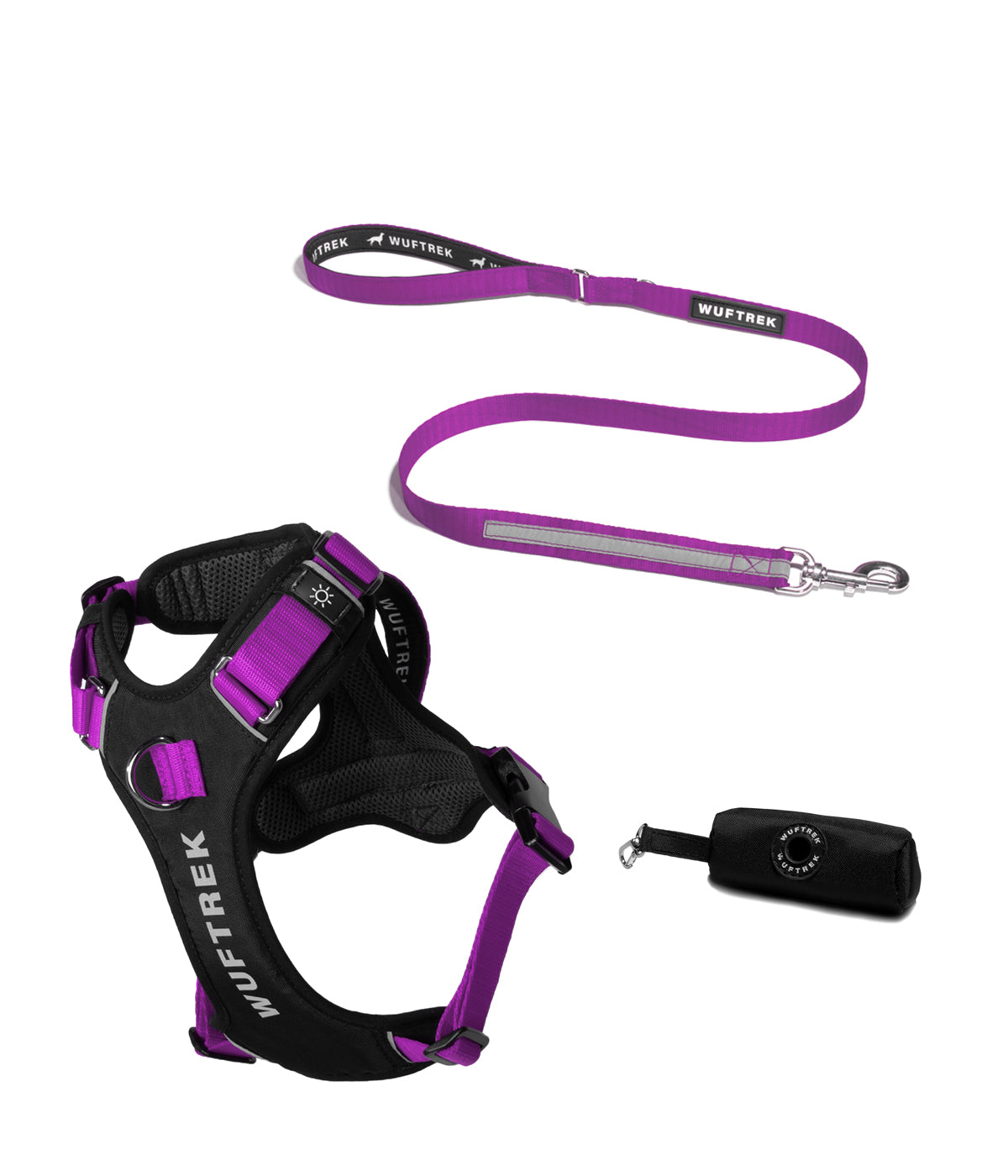 Dog accessory set with violet AirTrek Pro harness, matching TrekPro leash, and black waste bag holder