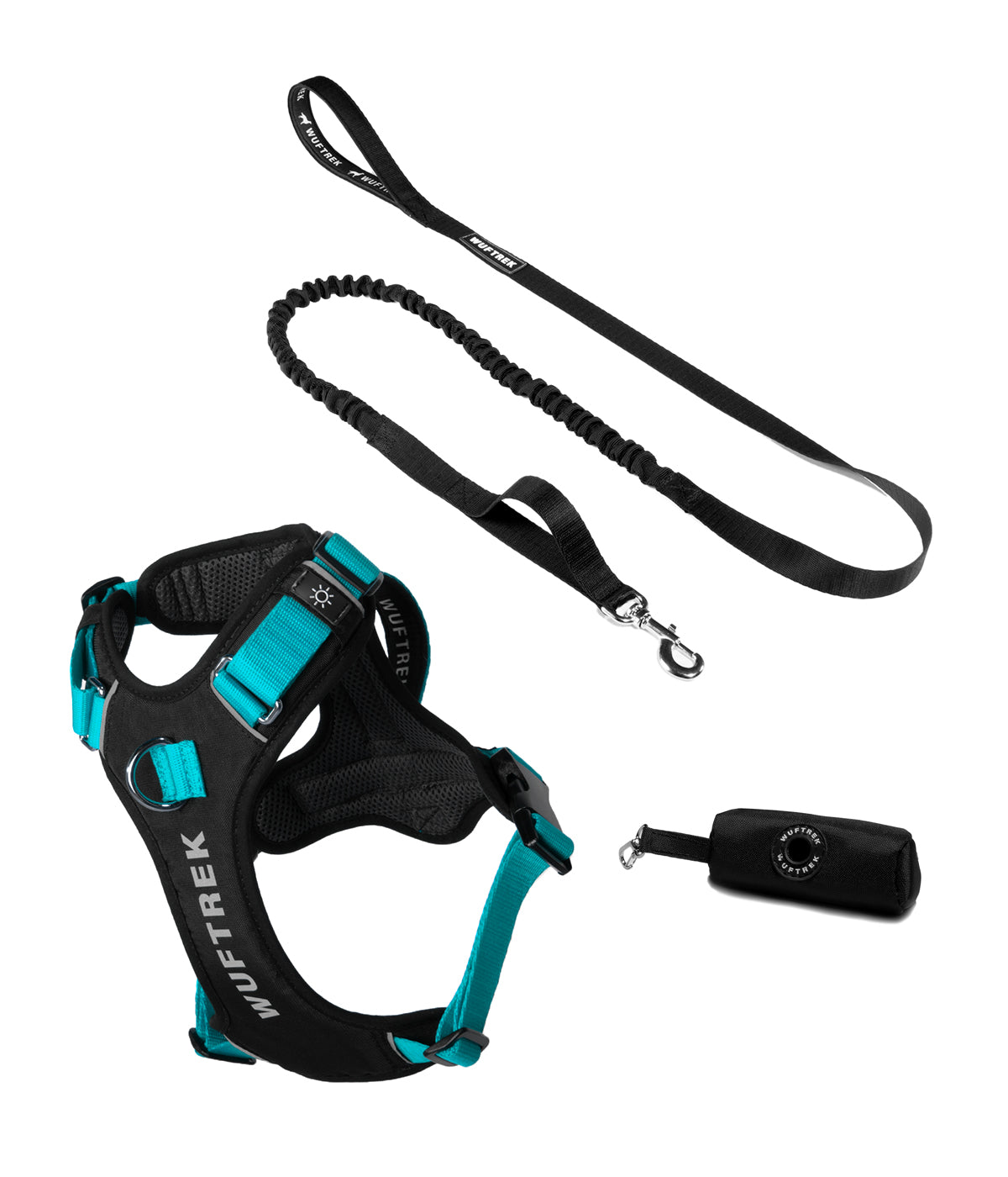 Dog accessory set with turquoise AirTrek Pro harness, black TrekShock leash, and black waste bag holder