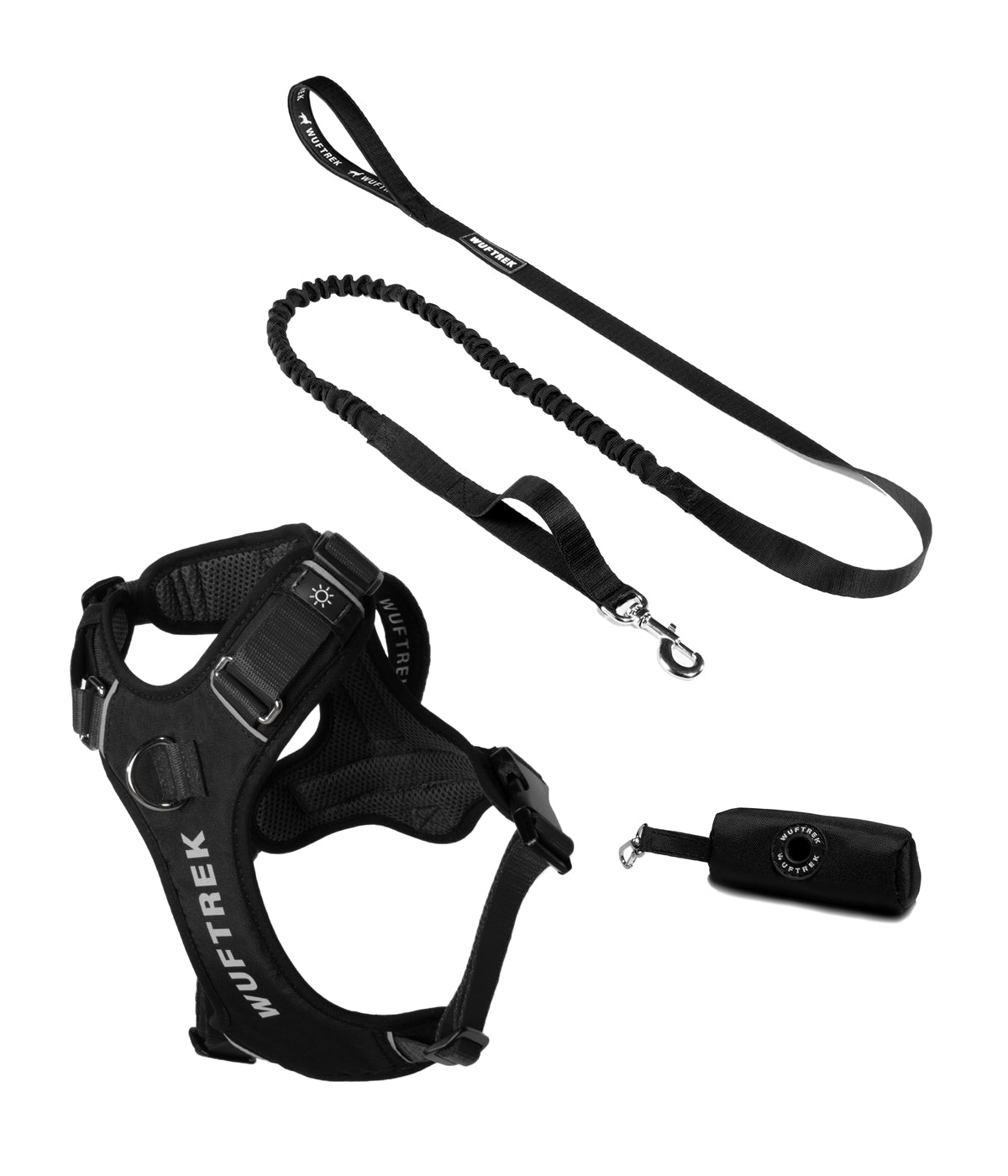 Dog accessory set with black AirTrek Pro harness, black TrekShock leash, and black waste bag holder
