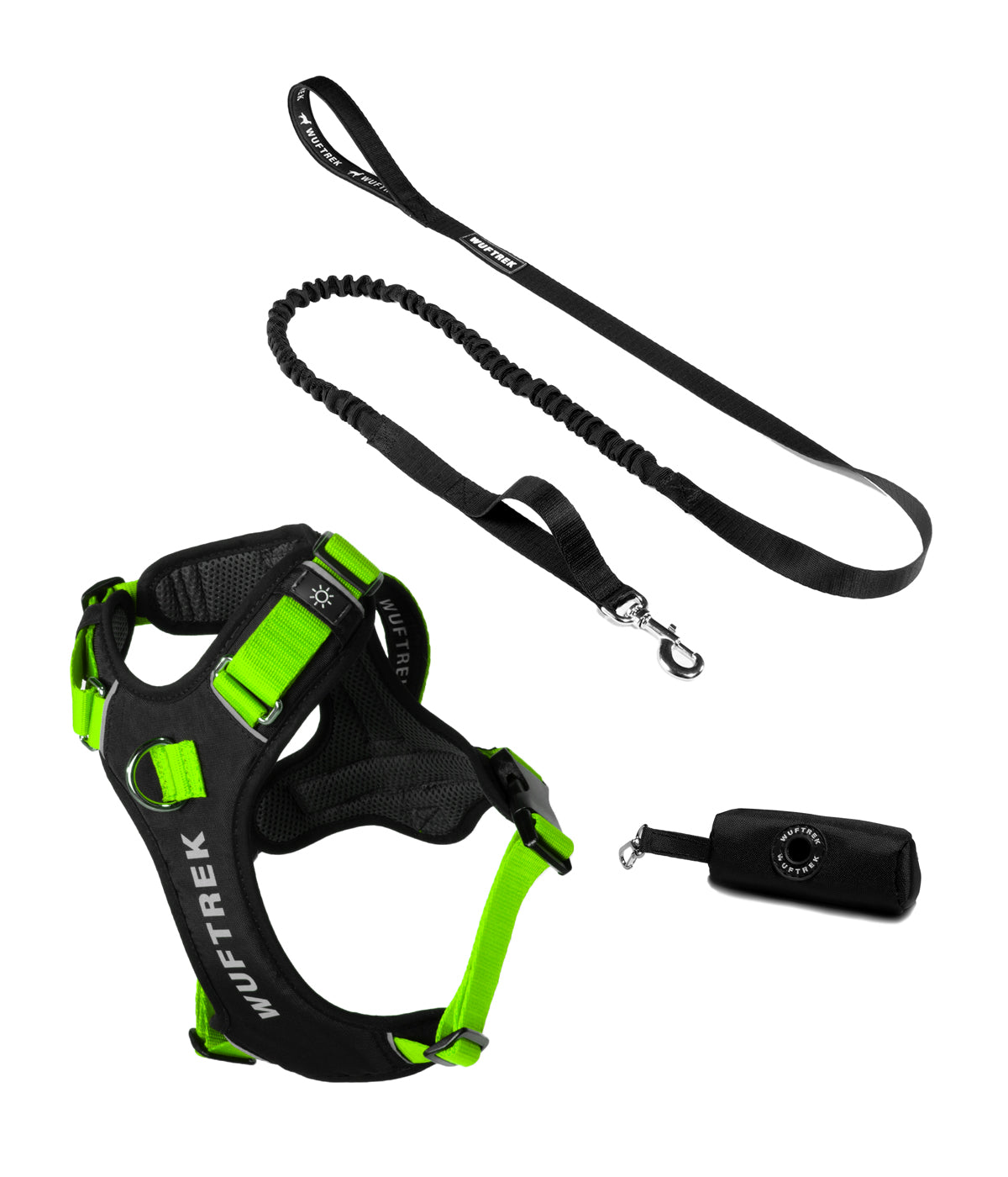 Dog accessory set with neon green AirTrek Pro harness, black TrekShock leash, and black waste bag holder