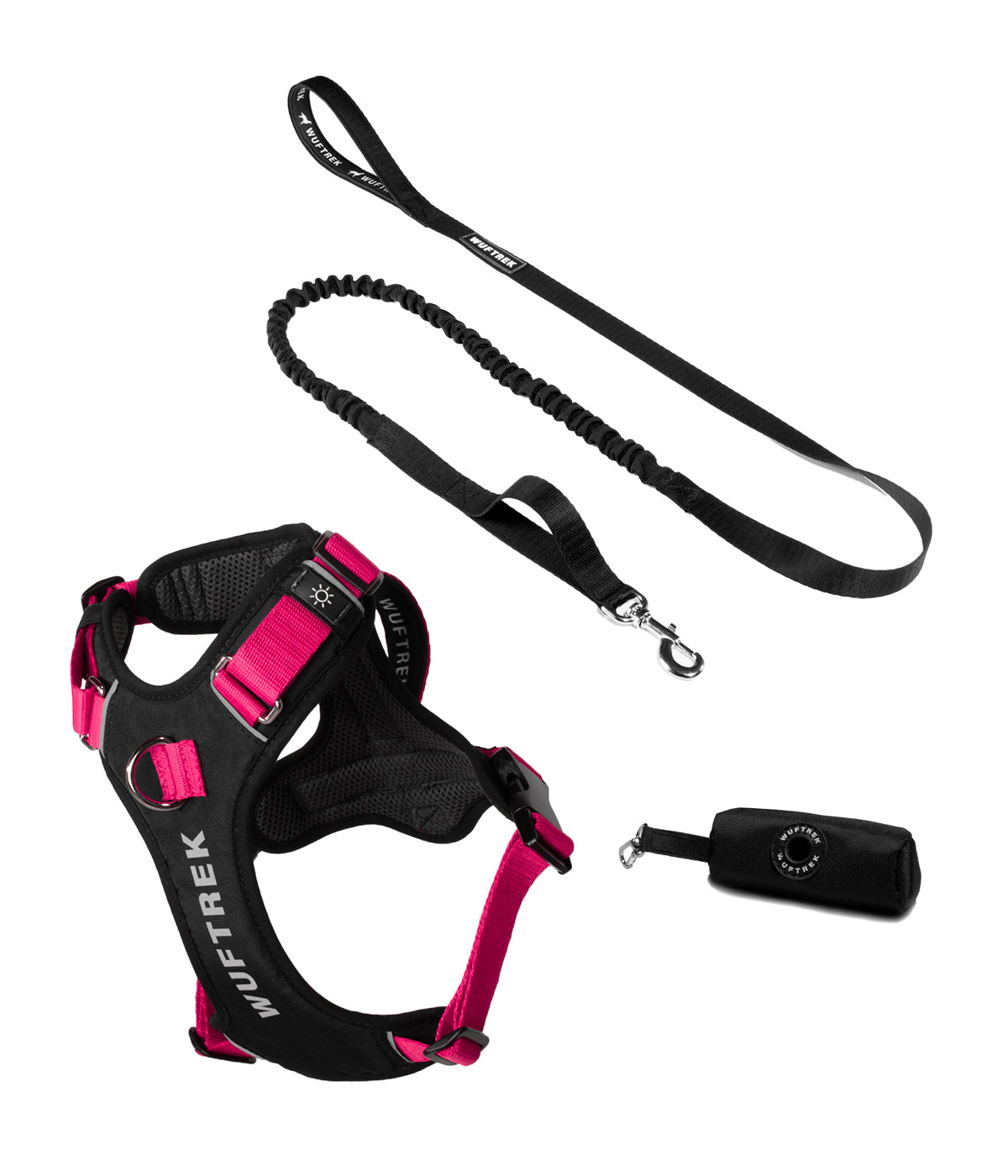 Dog accessory set with fuchsia AirTrek Pro harness, black TrekShock leash, and black waste bag holder
