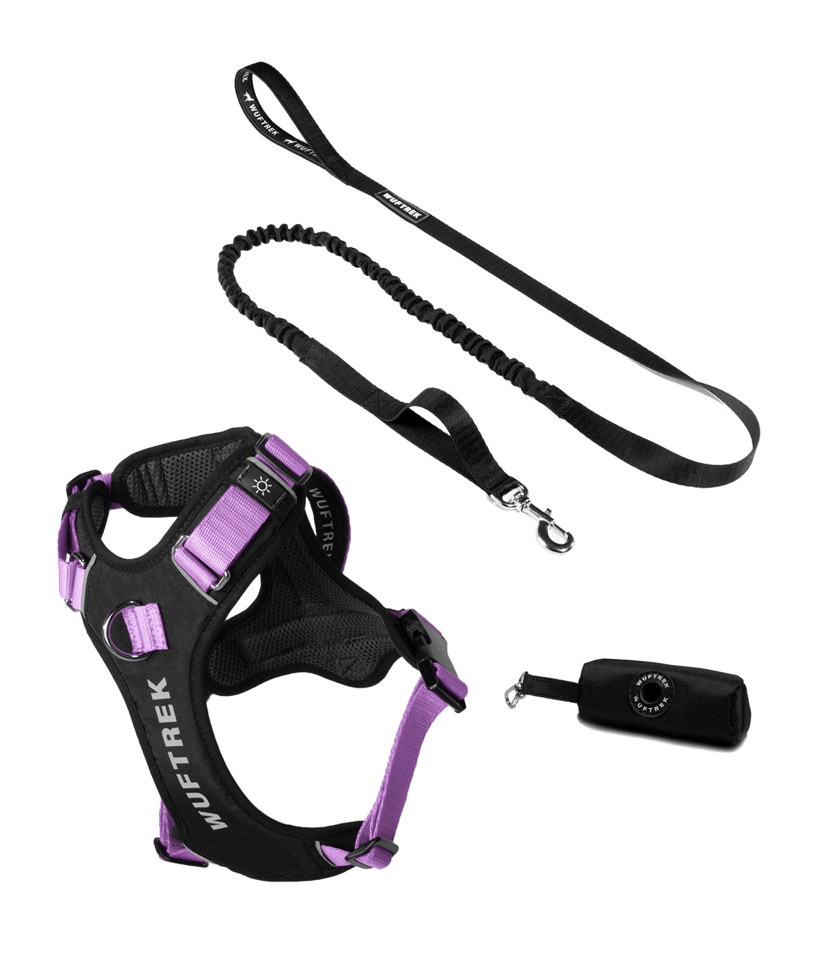 Dog accessory set with lilac AirTrek Pro harness, black TrekShock leash, and black waste bag holder