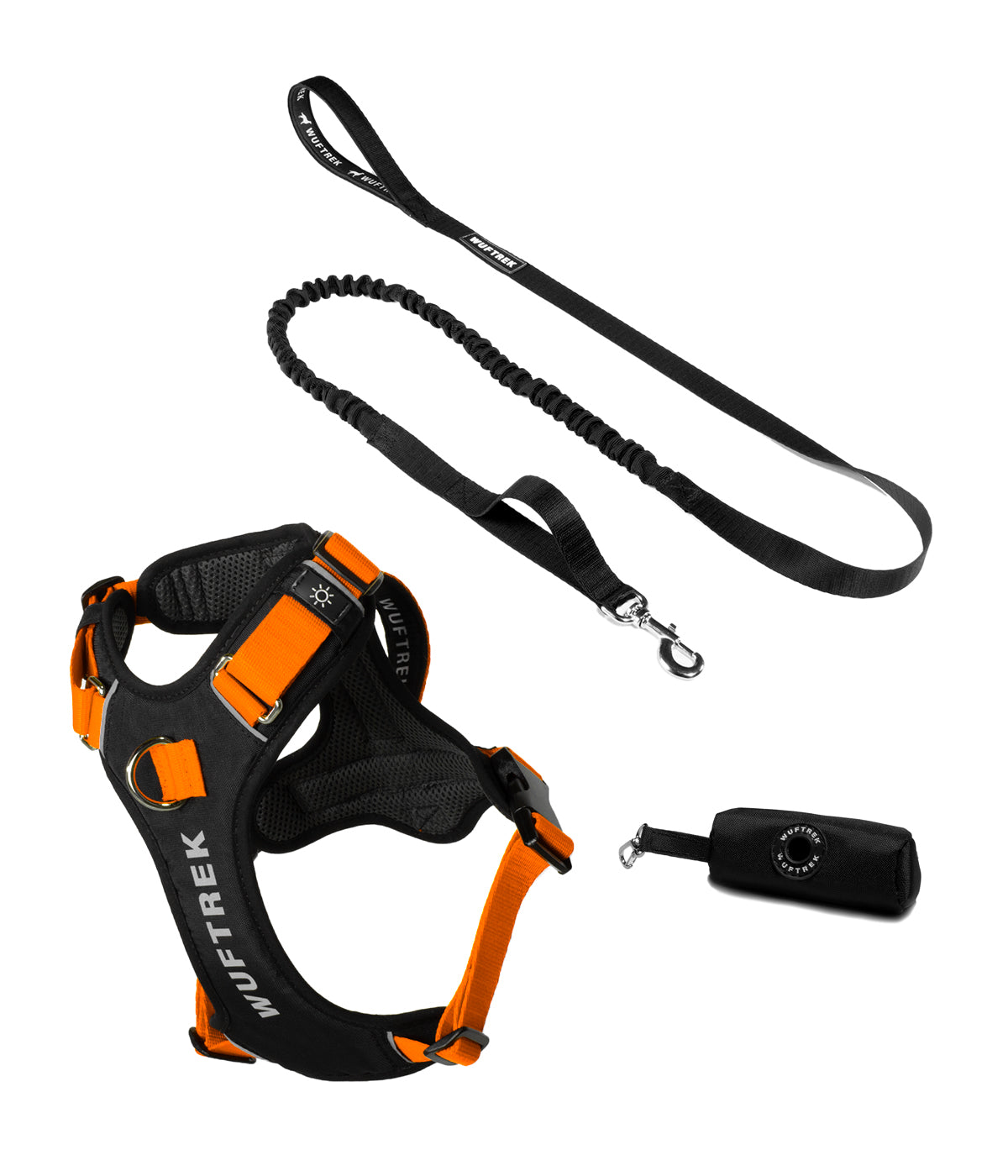 Dog accessory set with orange AirTrek Pro harness, black TrekShock leash, and black waste bag holder