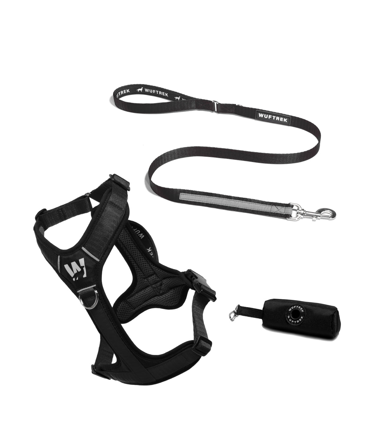 Dog set with black Y-shaped harness, black reflective leash, and black waste bag holder