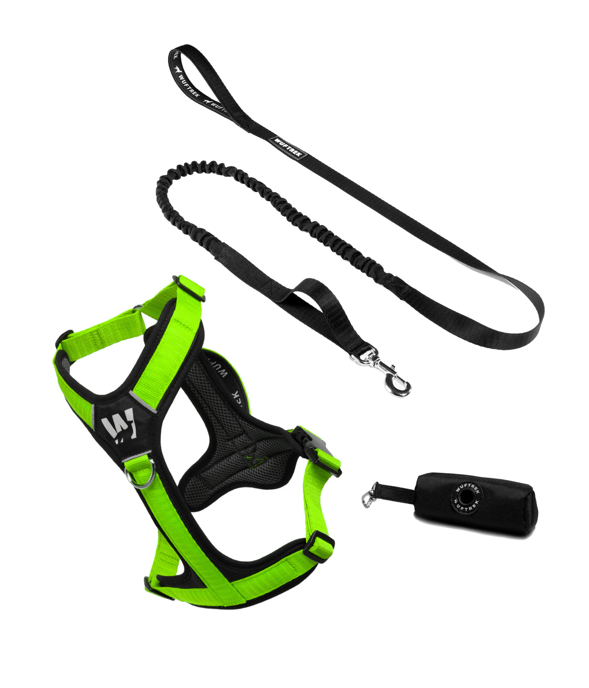 Dog set with lime green-and-black Y-shaped harness, black bungee leash, and black waste bag holder
