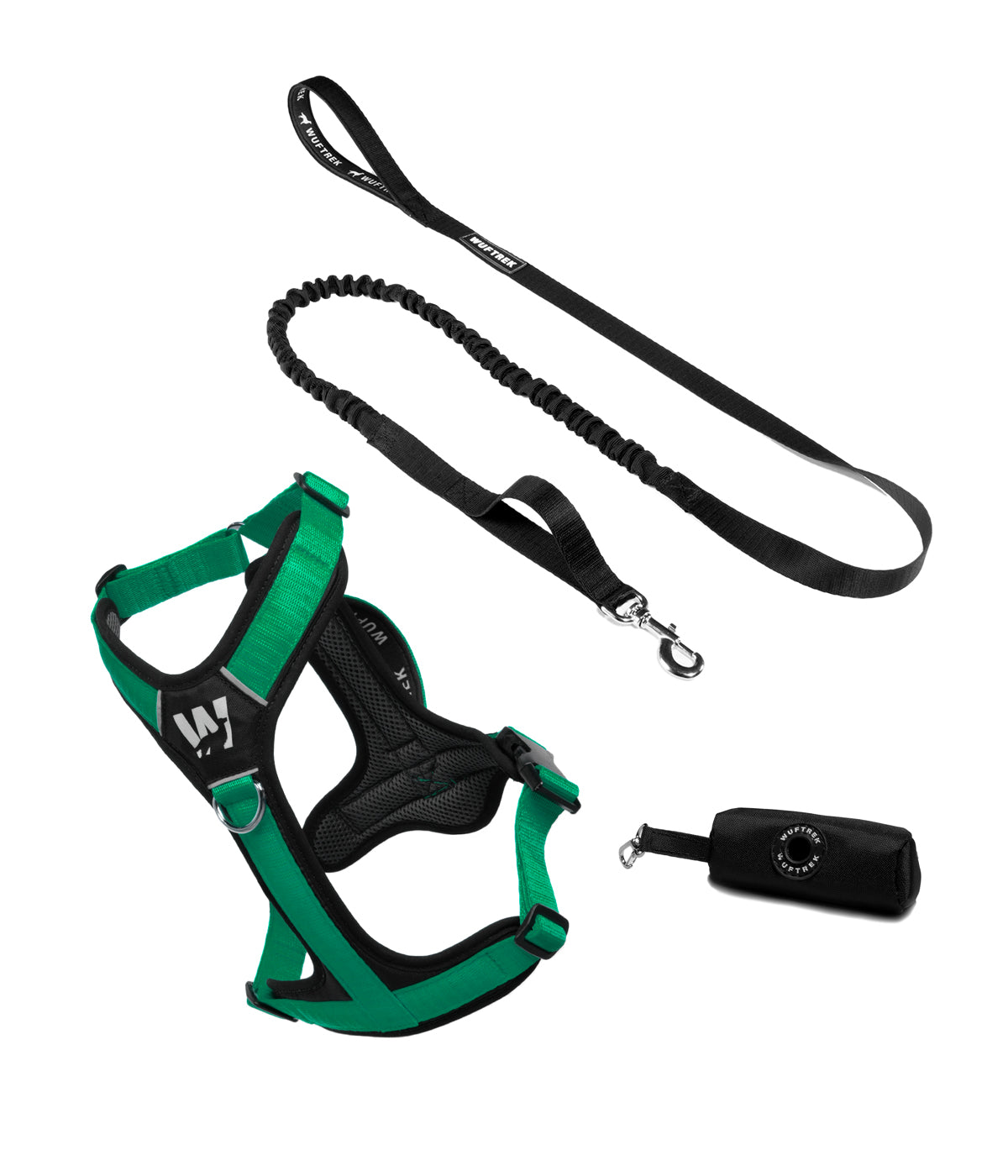 TrekFit Y-Series Evergreen harness, TrekShock leash and TrekBag waste bag holder combo