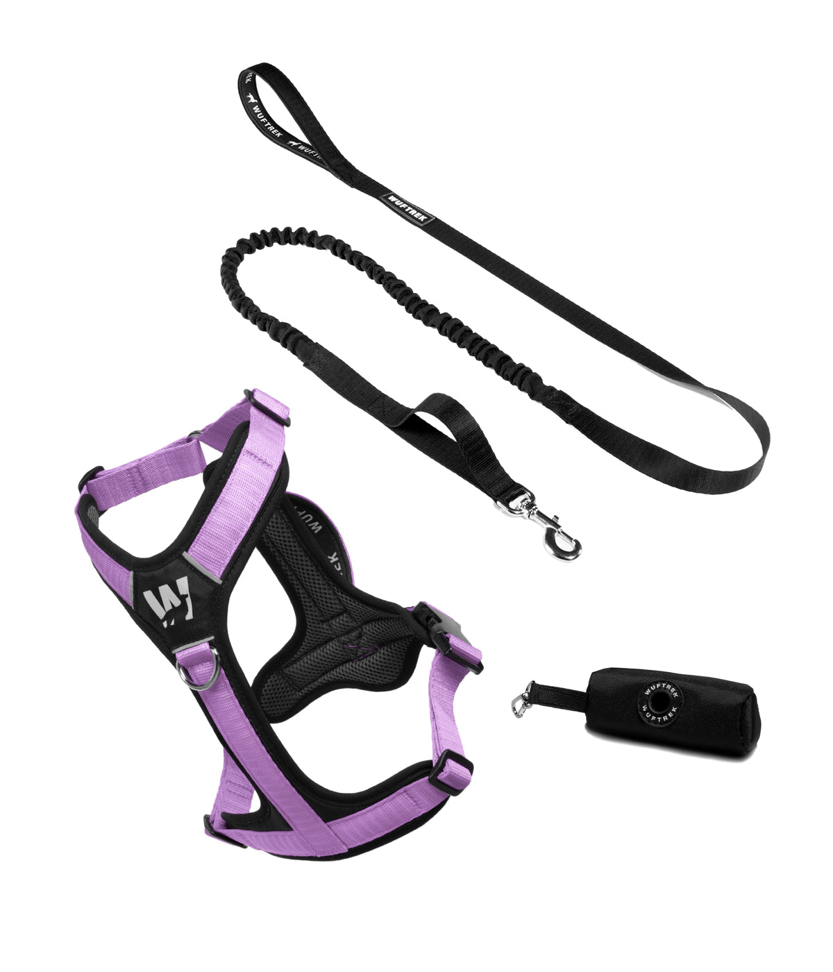 Dog set with lilac-and-black Y-shaped harness, black bungee leash, and black waste bag holder