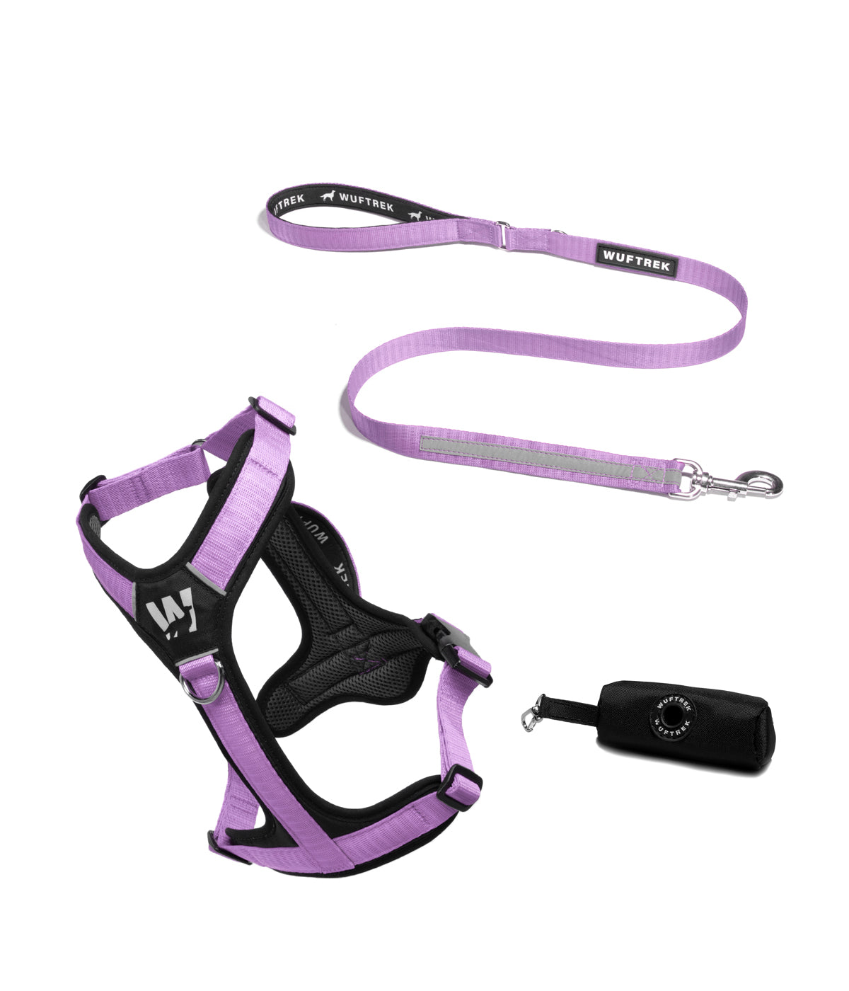 Dog set with lilac-and-black Y-shaped harness, lilac reflective leash, and black waste bag holder