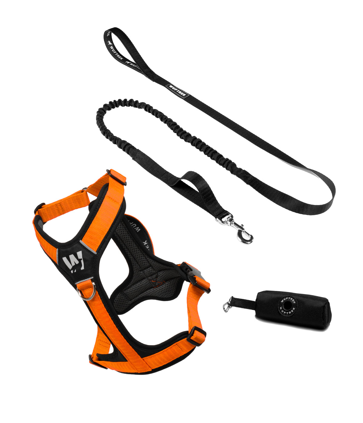 Dog set with orange-and-black Y-shaped harness, black bungee leash, and black waste bag holder