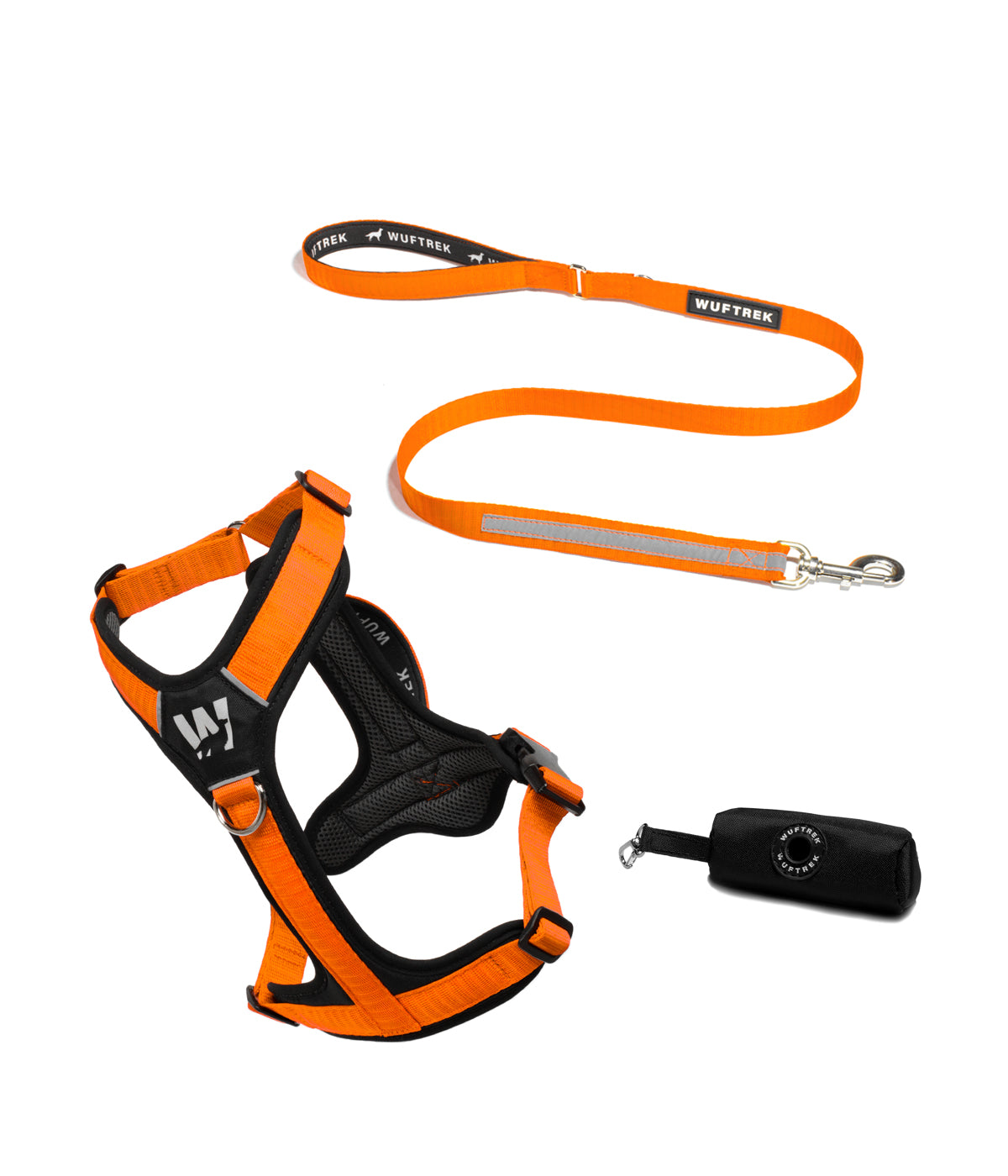 Dog set with orange-and-black Y-shaped harness, orange reflective leash, and black waste bag holder