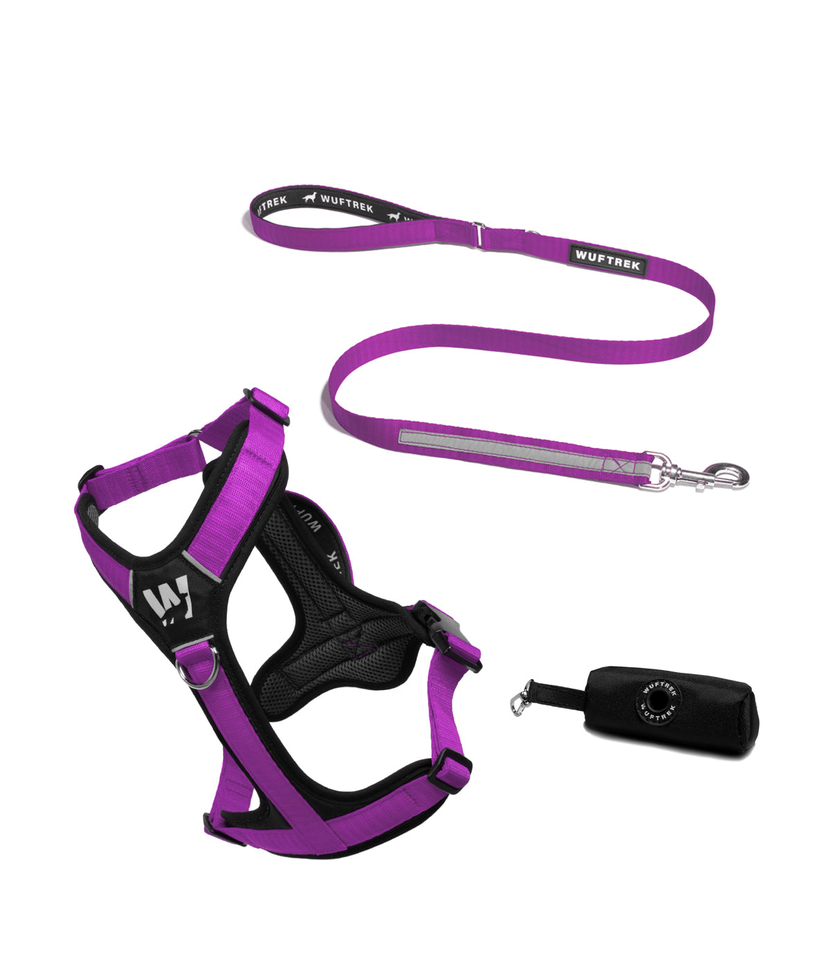 Dog set with violet-and-black Y-shaped harness, violet reflective leash, and black waste bag holder