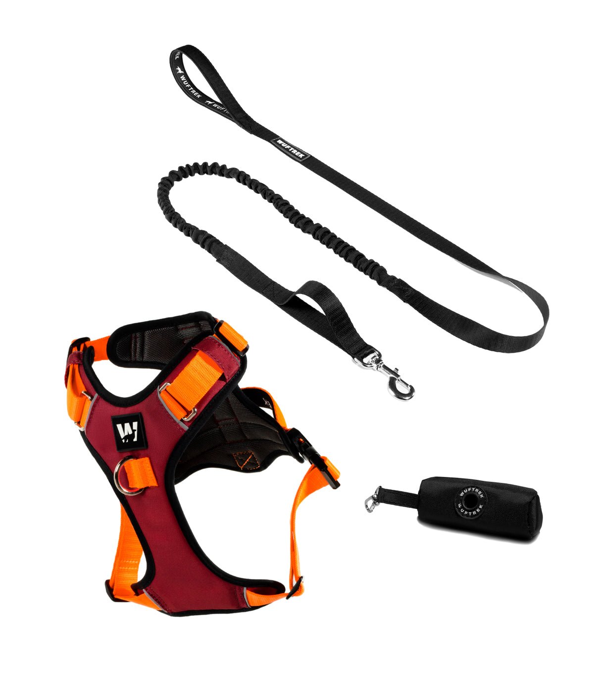 AirTrek dog harness set with TrekShock dog leash in burgundy and orange