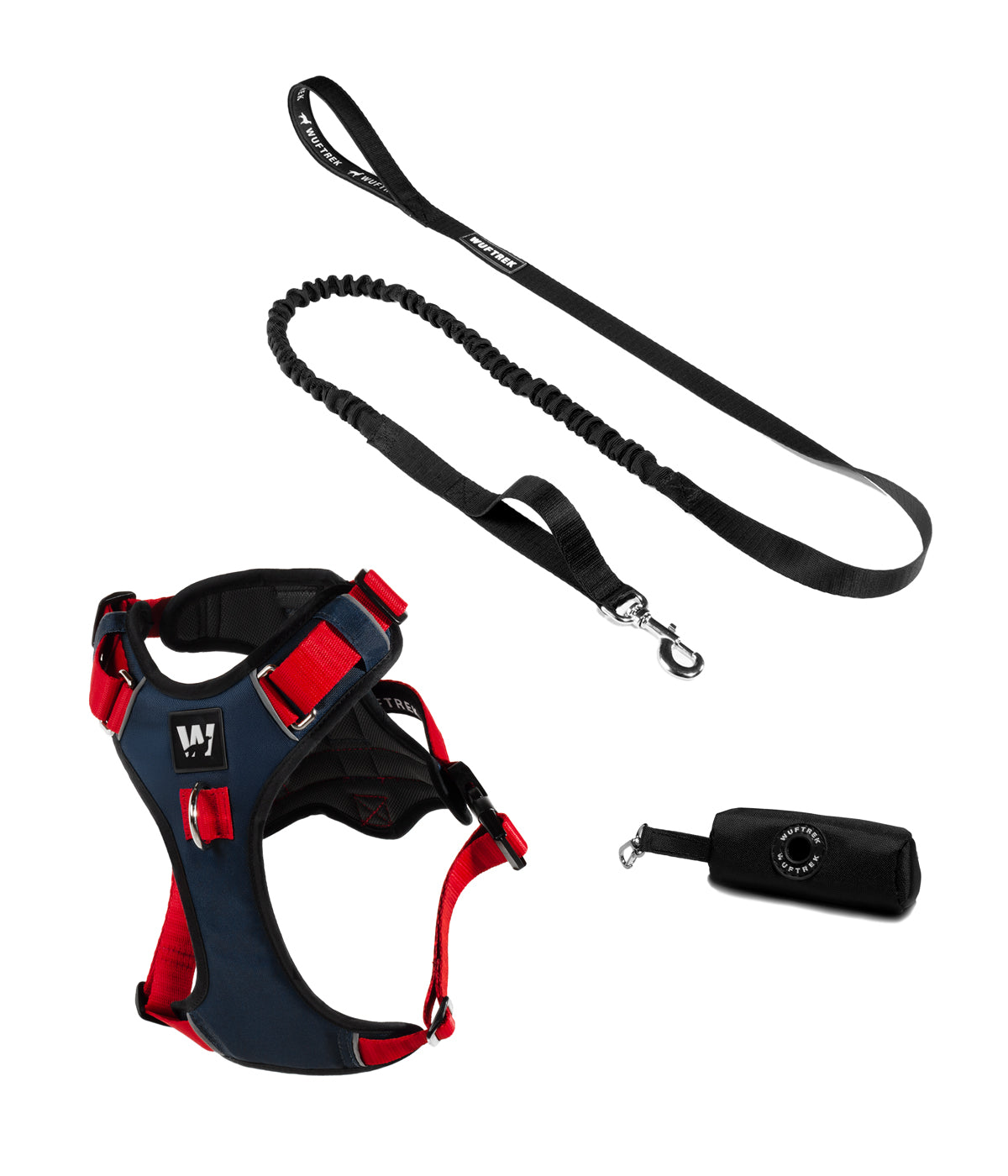 Dog set with Azure AirTrek harness, TrekShock leash, and TrekBag waste bag holder