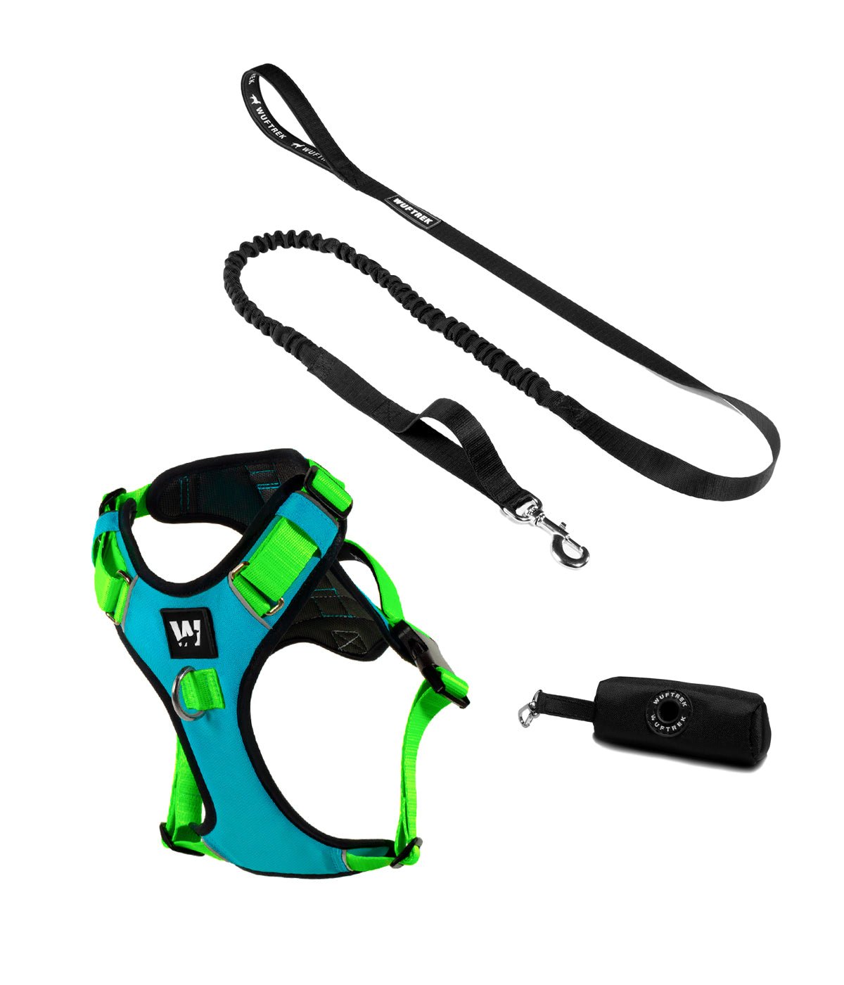 AirTrek dog harness set with TrekShock dog leash in blue and green