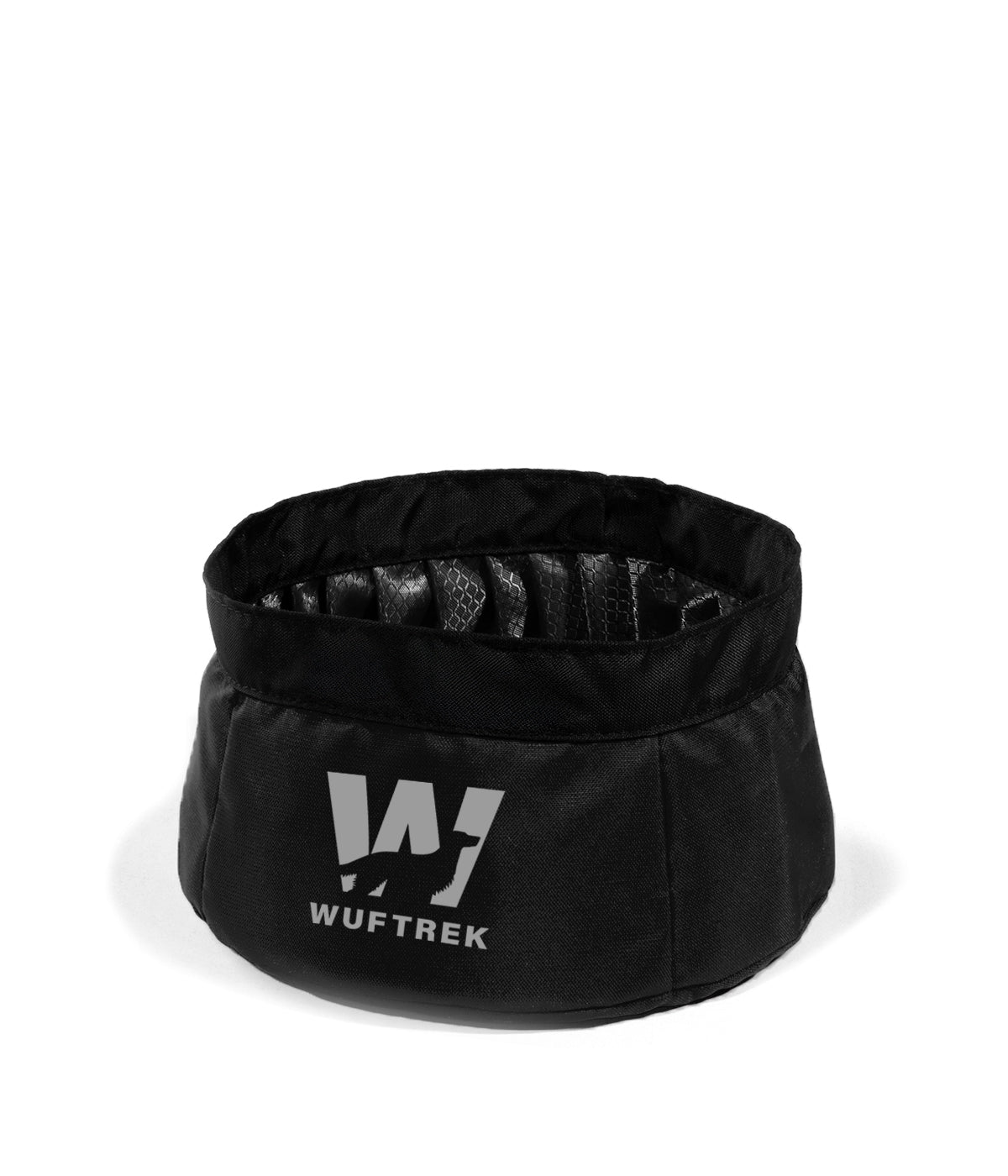 WUFTREK logo detail on the black TrekBowl dog food and water bowl