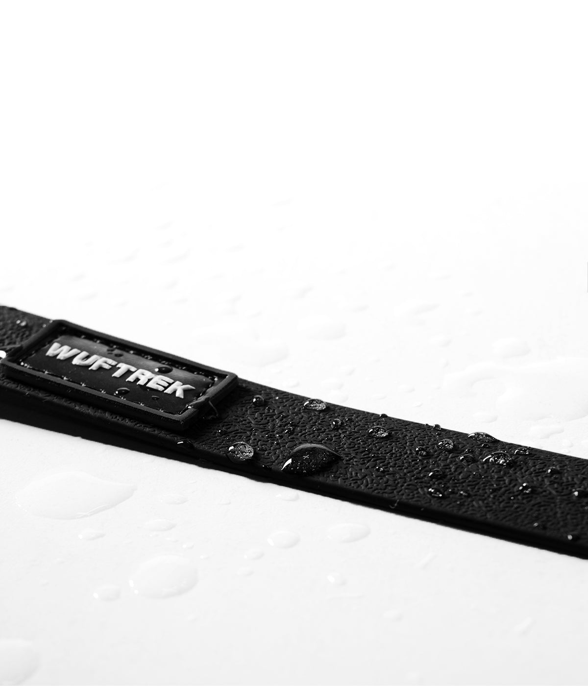 Black waterproof Biothane dog collar detail with water droplets