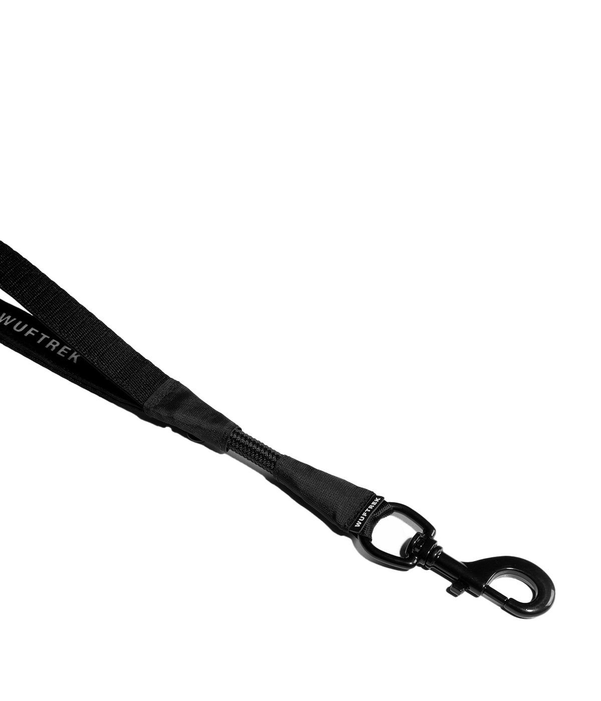 Black carabiner detail on a black short dog leash