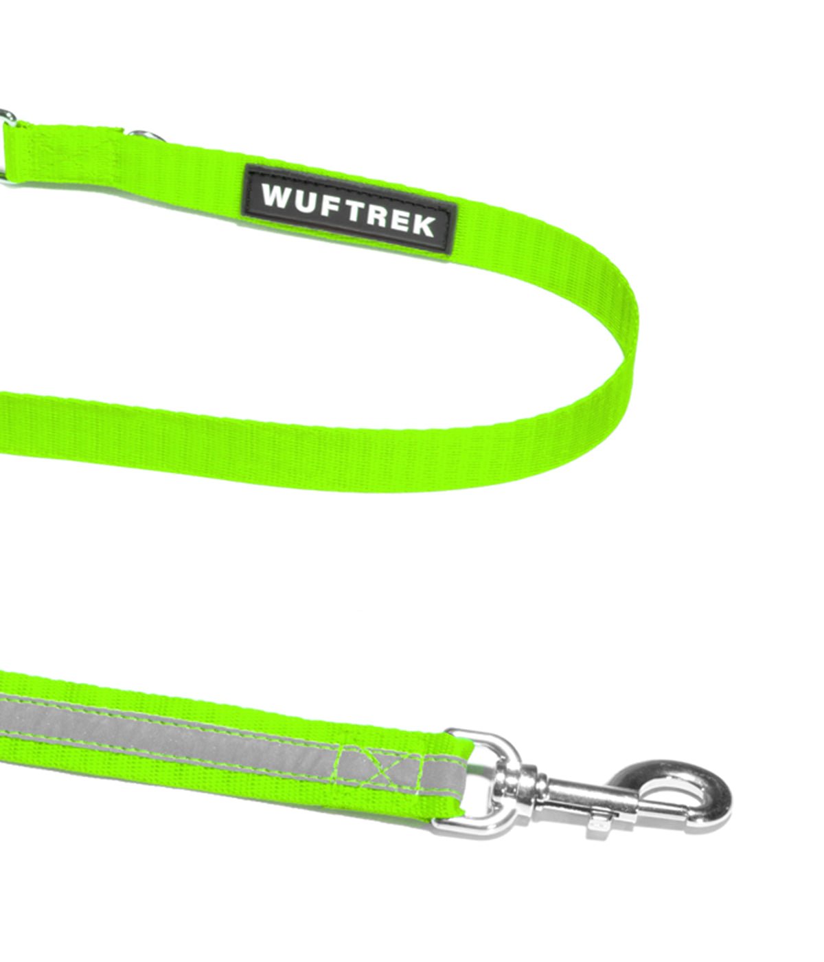 Hardware detail on the neon green dog leash